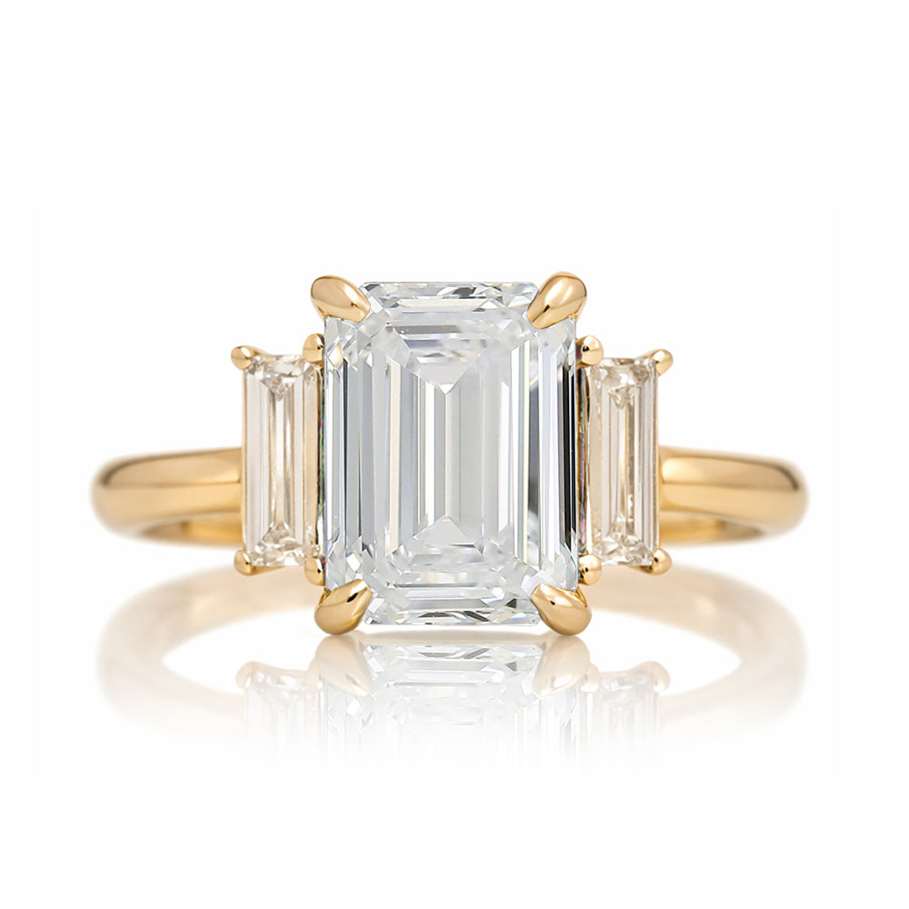 Emerald cut diamond ring with long baguette three stone solid comfort fit rounded band yellow gold