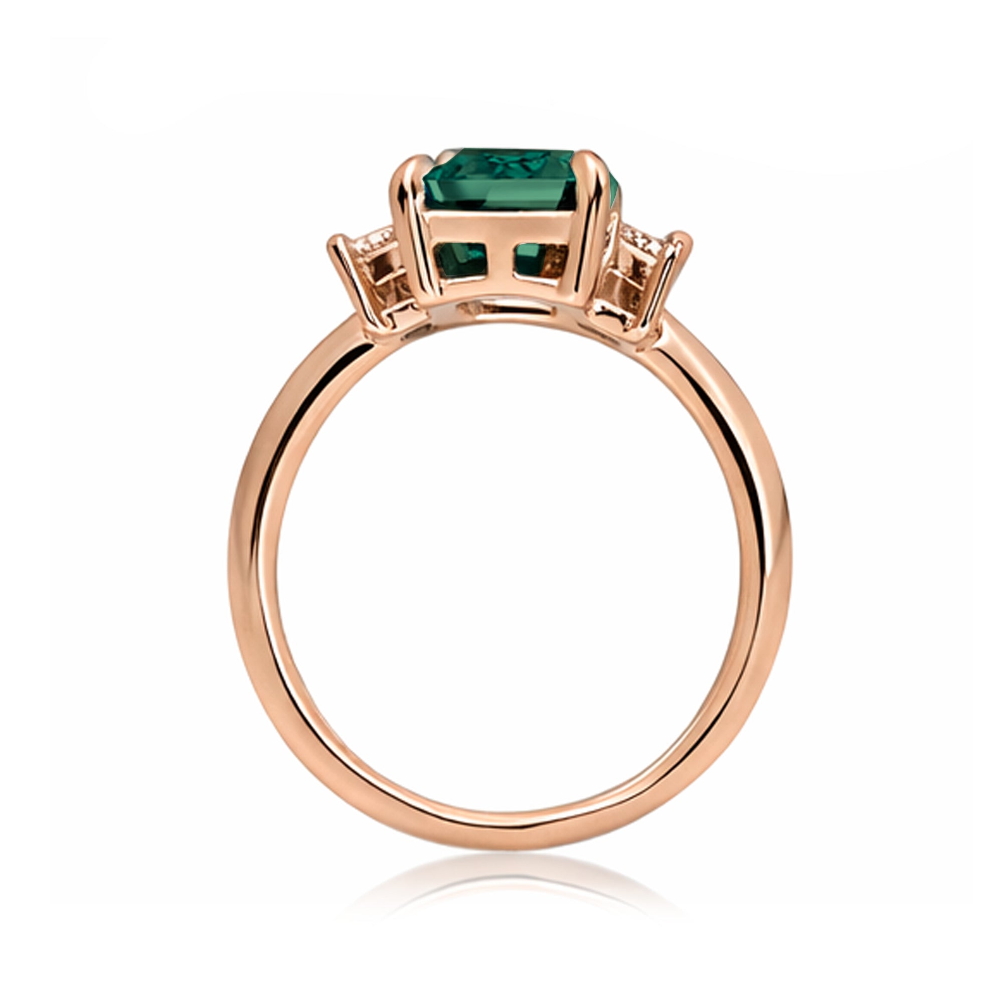 Emerald cut green emerald ring with long baguette three stone solid comfort fit rounded band rose gold