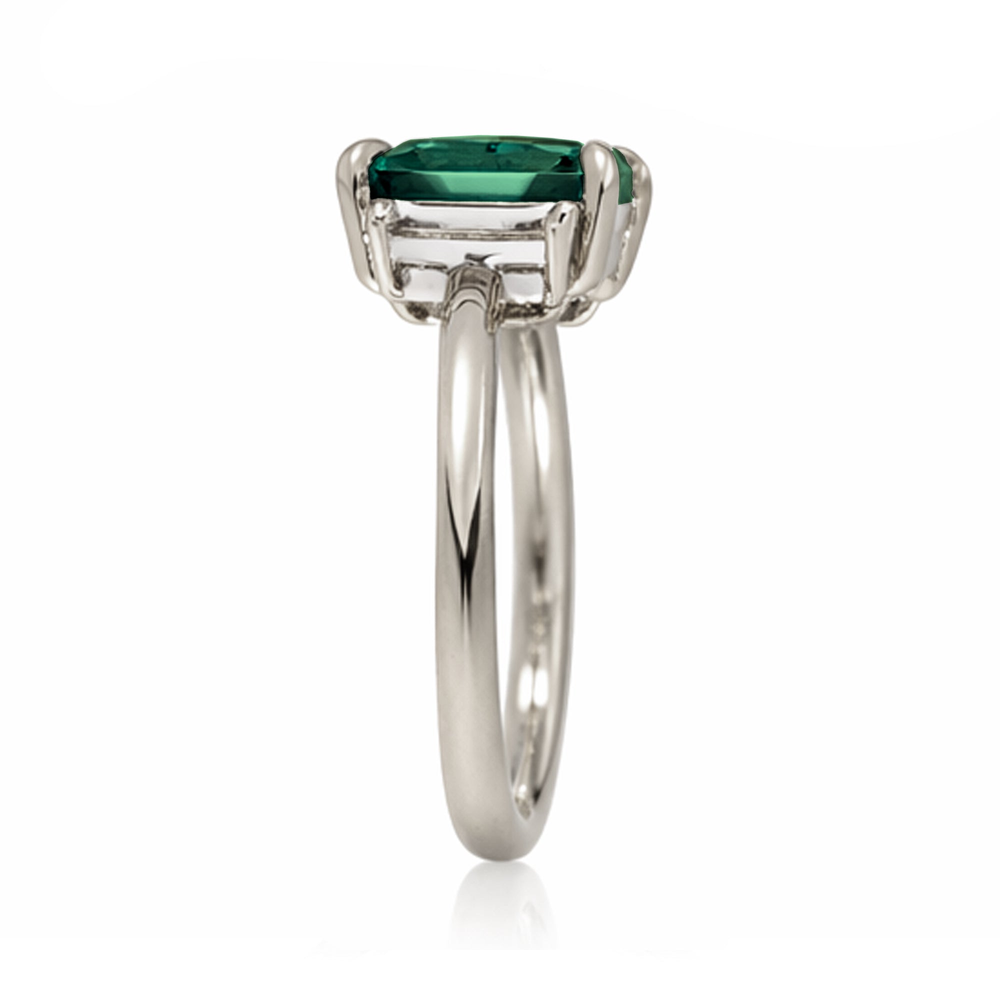 Emerald cut green emerald ring with long baguette three stone solid comfort fit rounded band white  gold