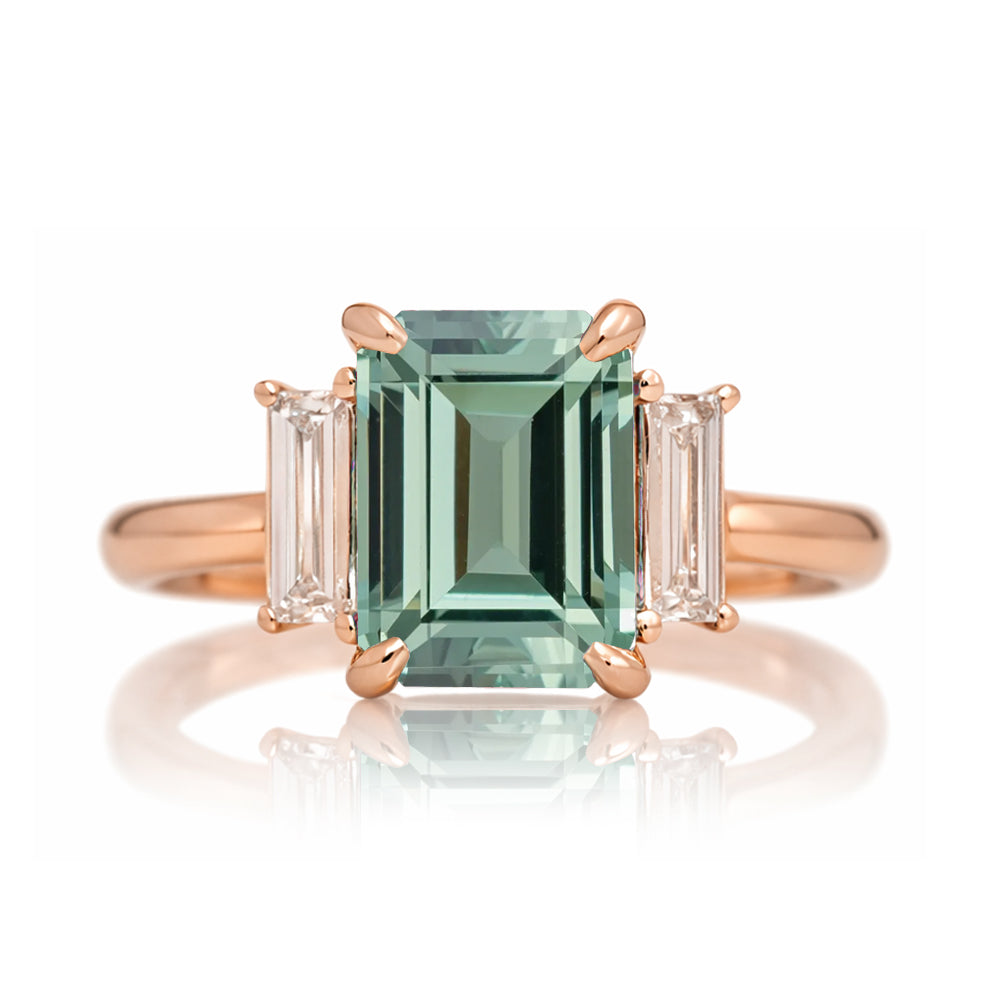 Emerald cut green sapphire ring with long baguette three stone solid comfort fit rounded band rose gold