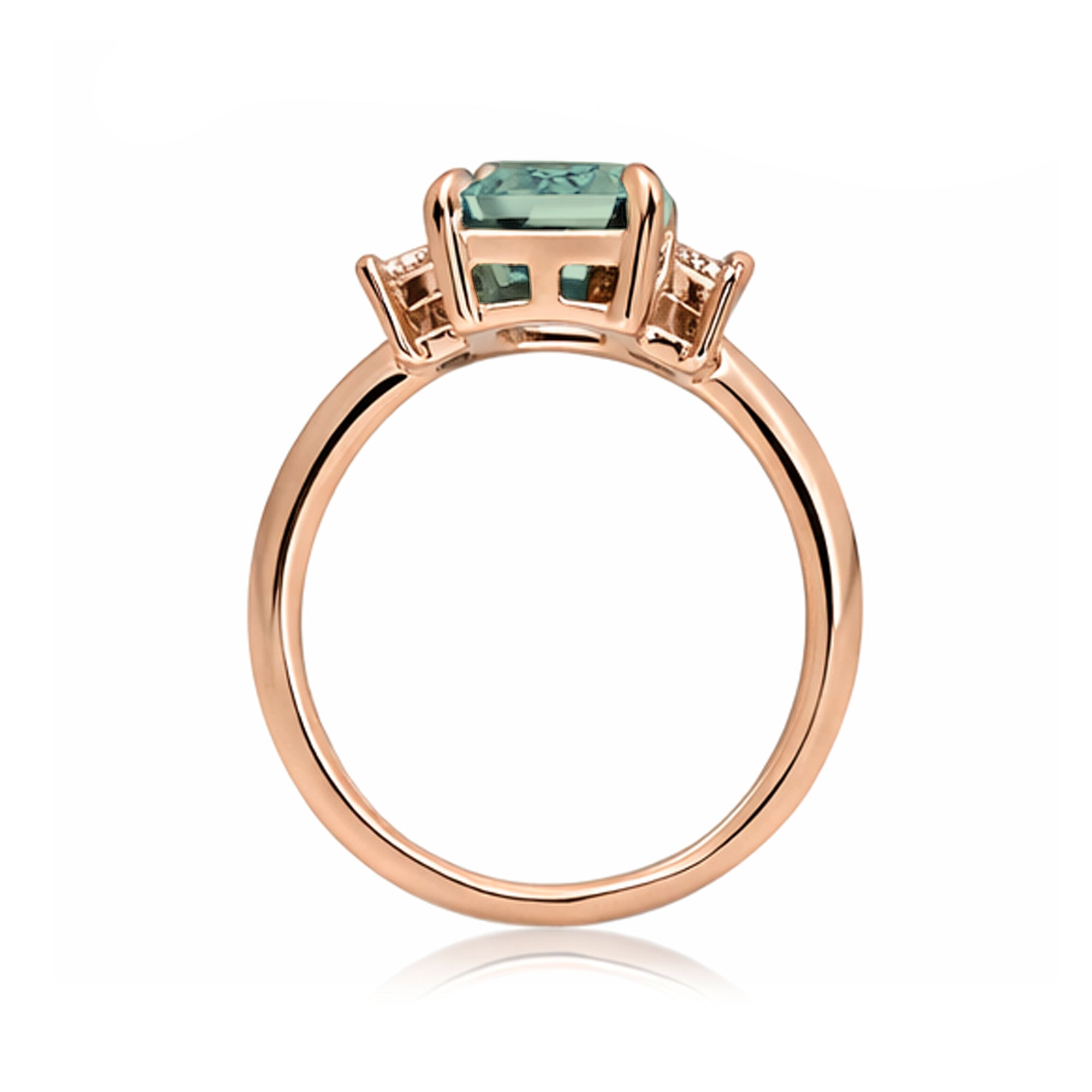 Emerald cut green sapphire ring with long baguette three stone solid comfort fit rounded band rose gold