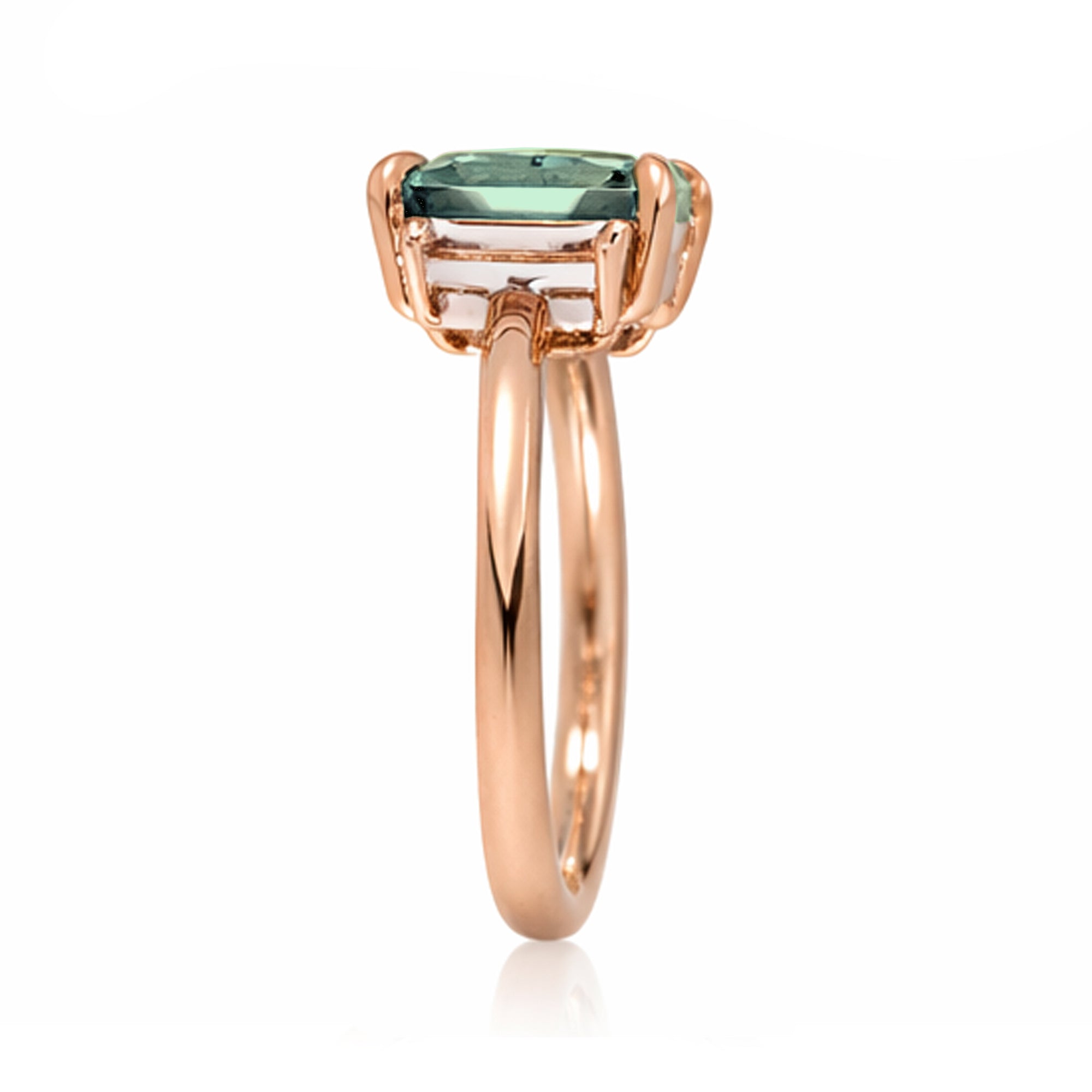 Emerald cut green sapphire ring with long baguette three stone solid comfort fit rounded band rose gold