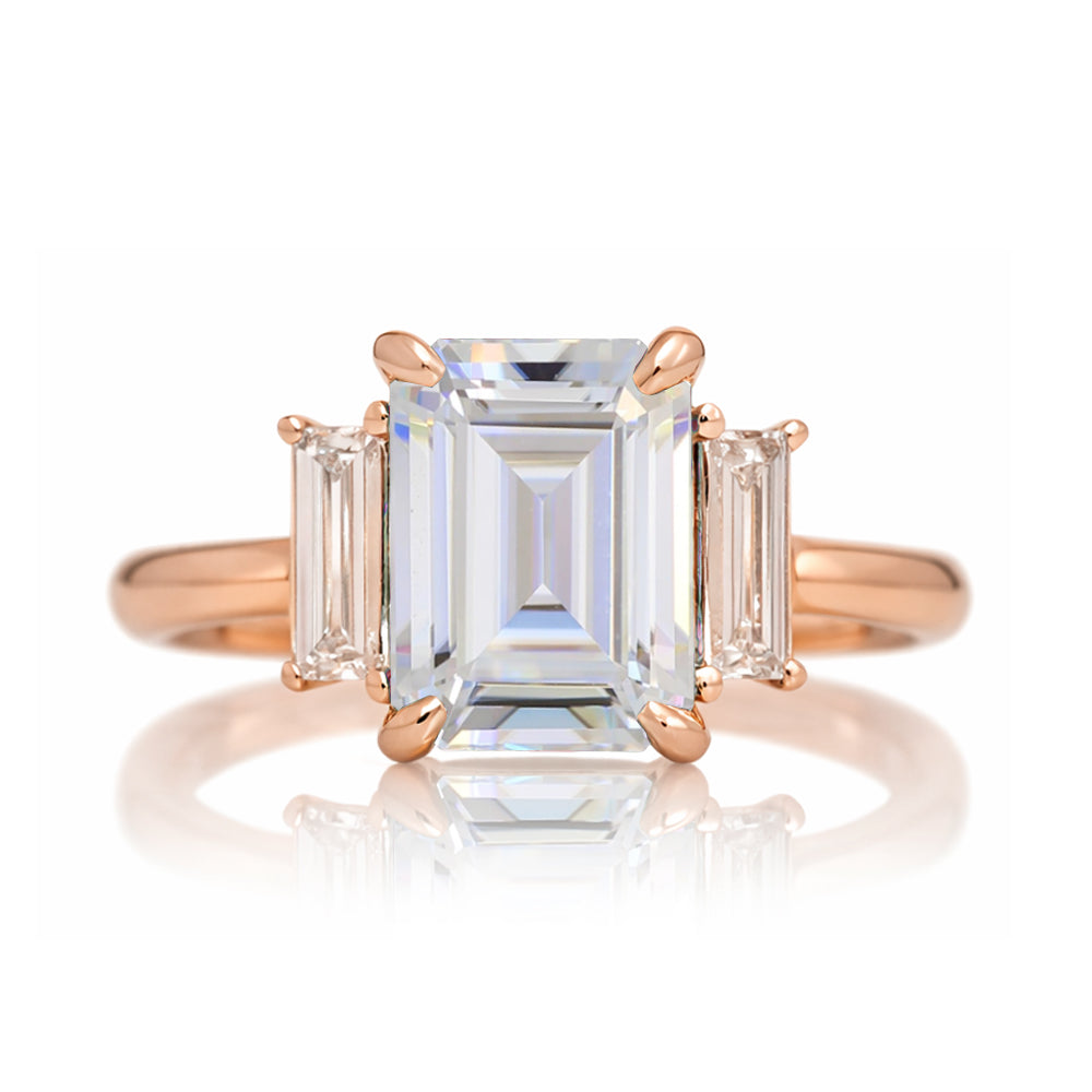 Emerald cut moissanite ring with long baguette three stone solid comfort fit rounded band rose gold