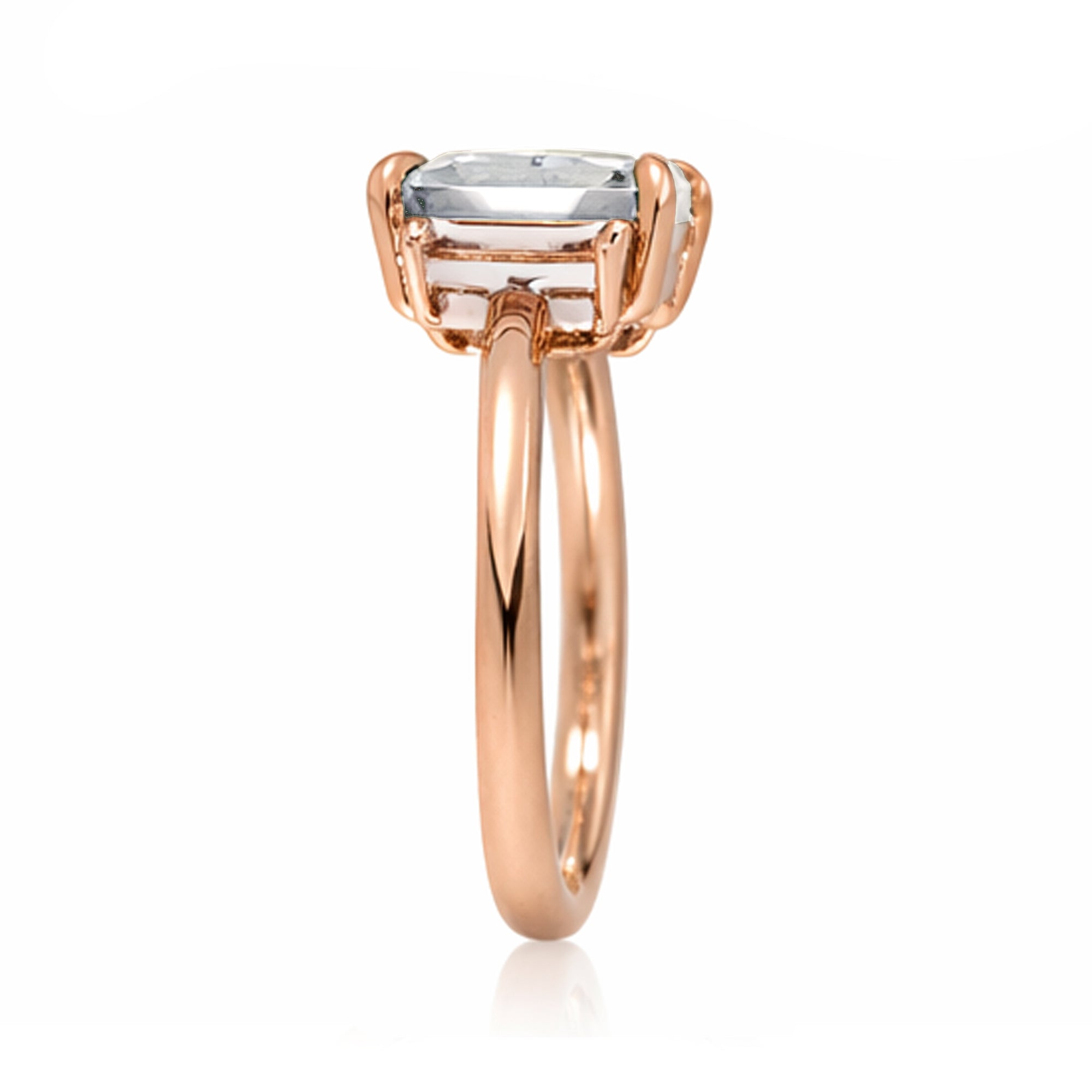 Emerald cut moissanite ring with long baguette three stone solid comfort fit rounded band rose gold