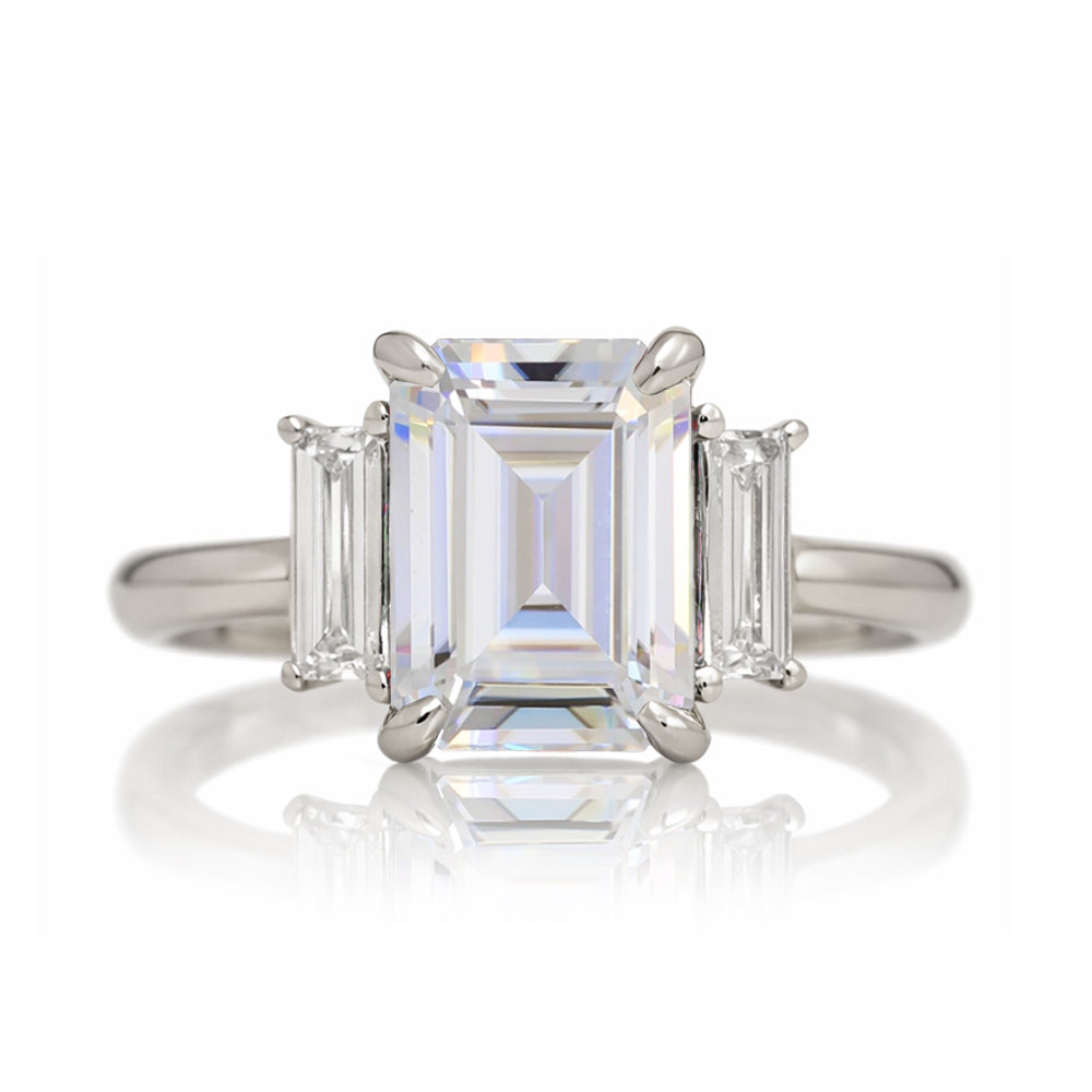 Emerald cut moissanite ring with long baguette three stone solid comfort fit rounded band white gold