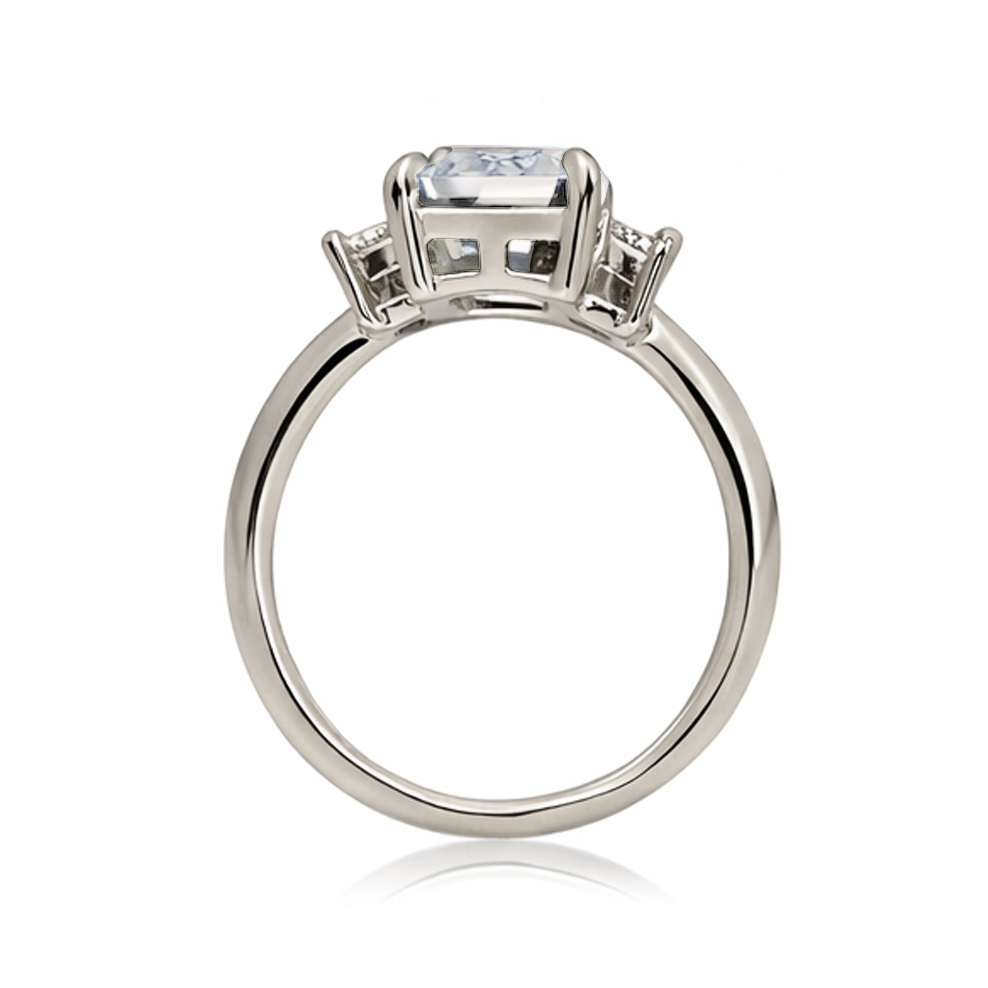 Emerald cut moissanite ring with long baguette three stone solid comfort fit rounded band white gold