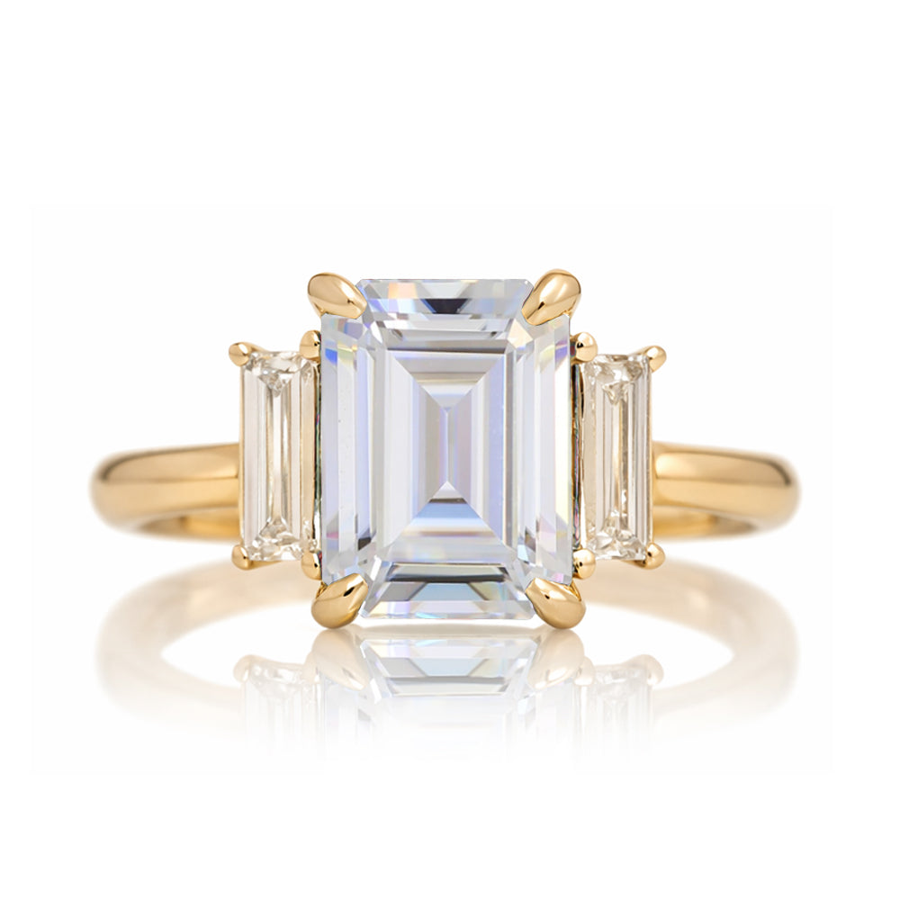 Emerald cut moissanite ring with long baguette three stone solid comfort fit rounded band yellow gold
