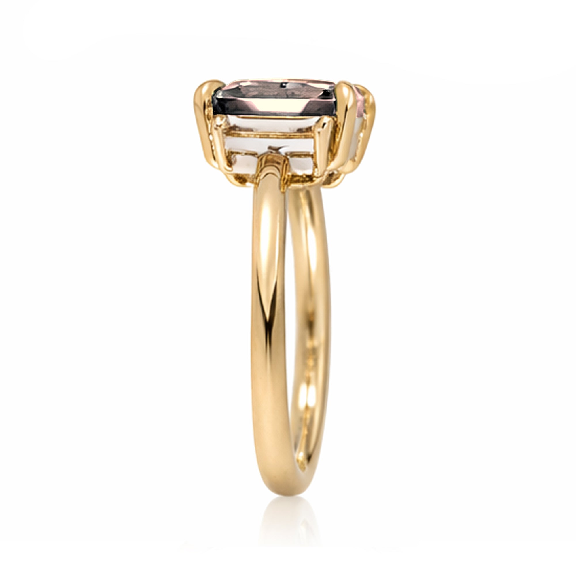 Emerald cut morganite ring with long baguette three stone solid comfort fit rounded band yellow gold