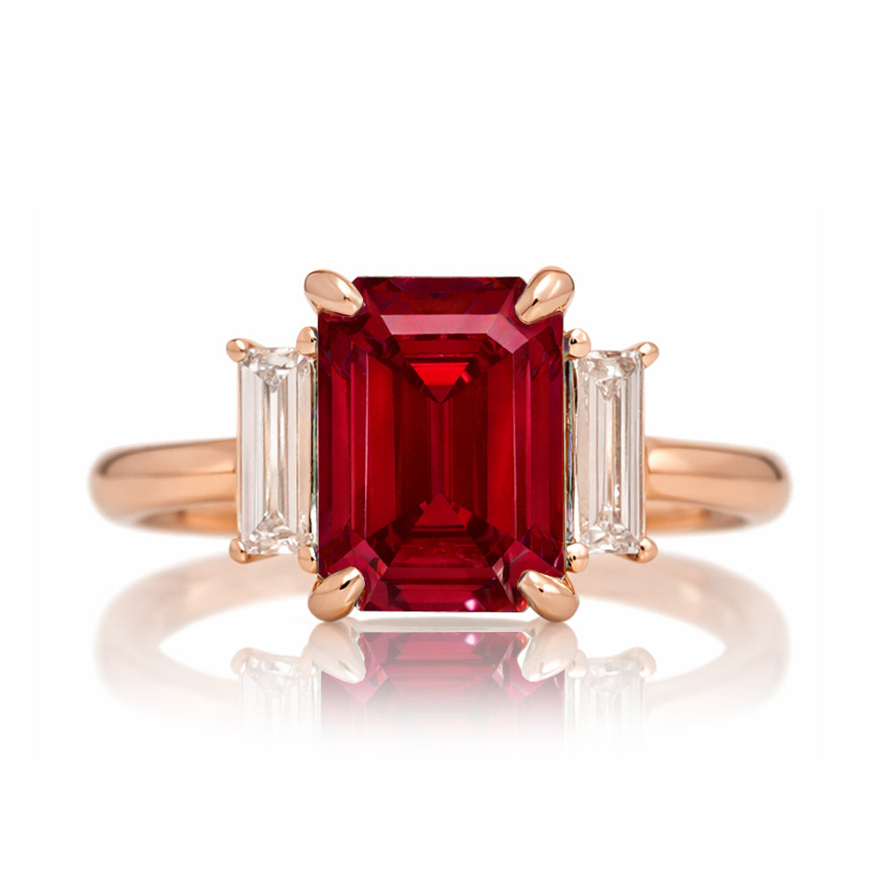 Emerald cut ruby ring with long baguette three stone solid comfort fit rounded band rose gold