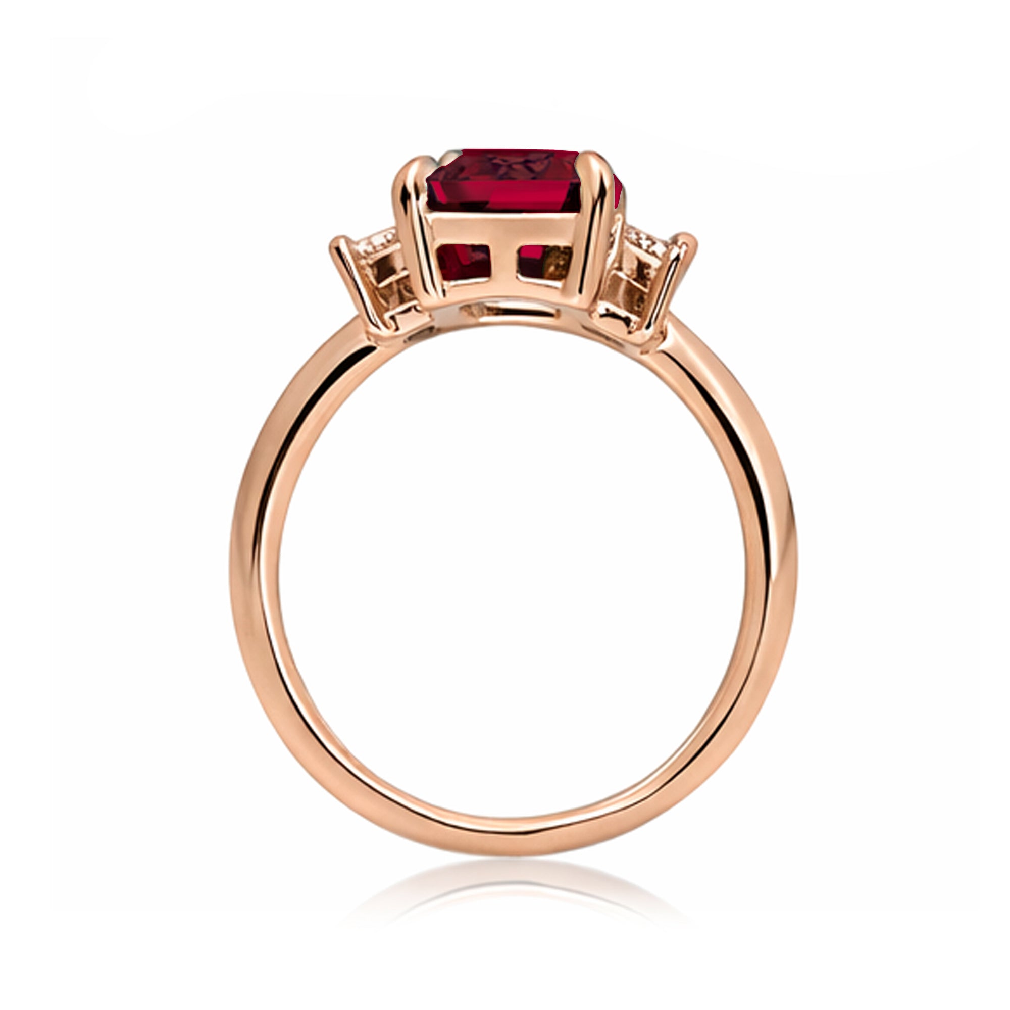 Emerald cut ruby ring with long baguette three stone solid comfort fit rounded band rose gold