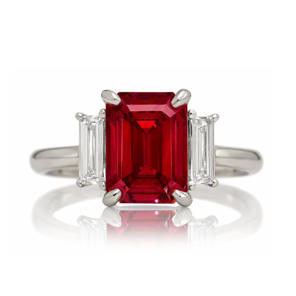 Emerald cut ruby ring with long baguette three stone solid comfort fit rounded band white gold