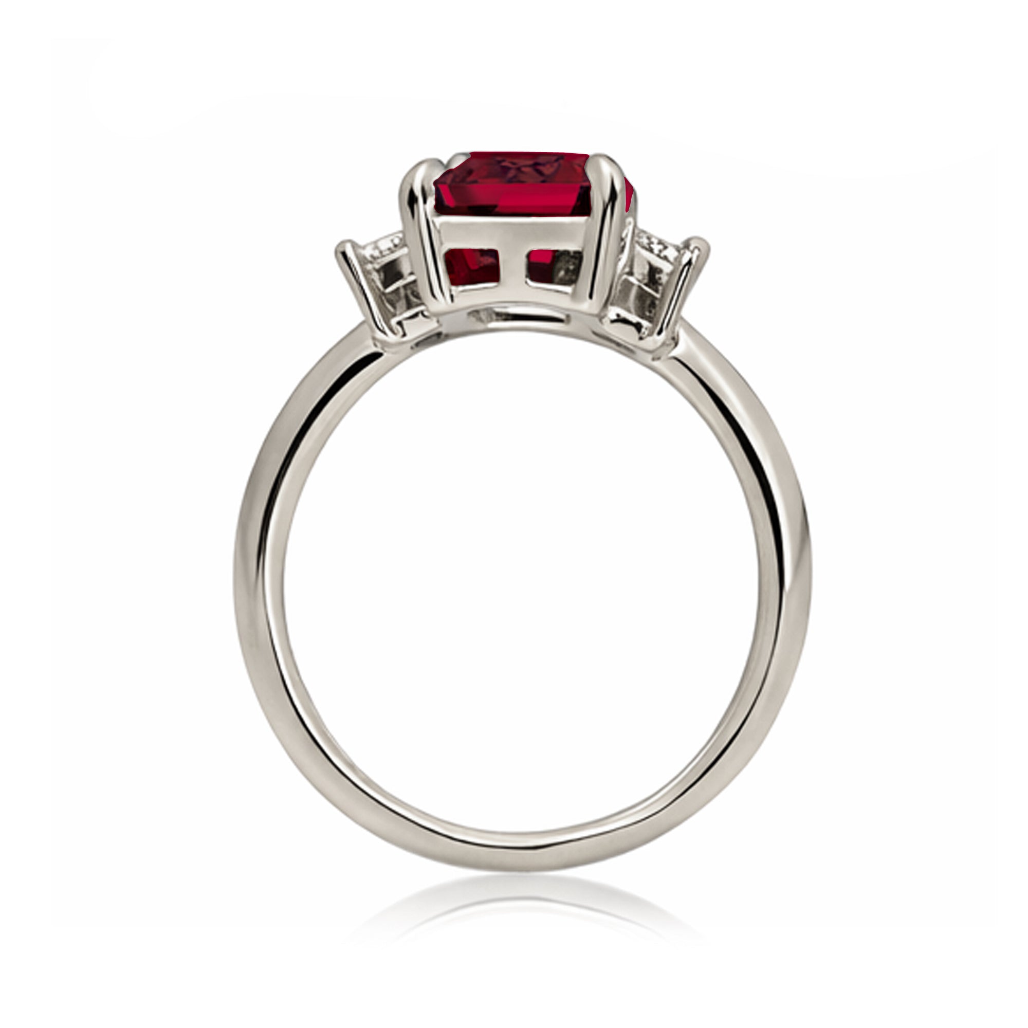 Emerald cut ruby ring with long baguette three stone solid comfort fit rounded band white gold