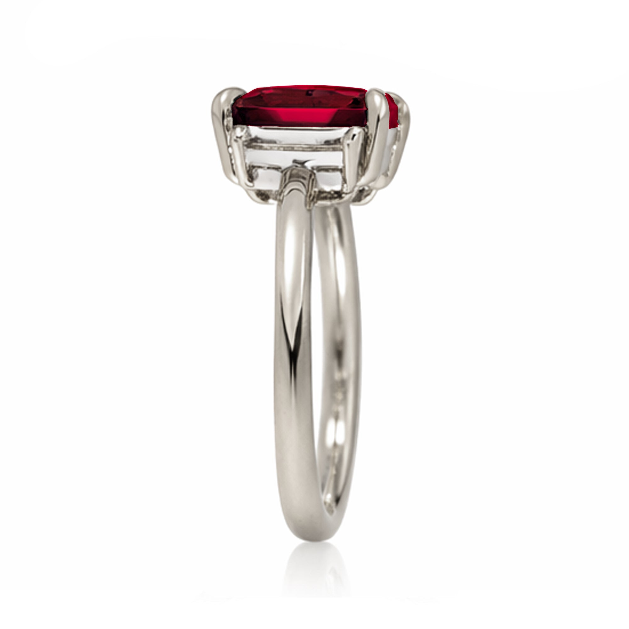 Emerald cut ruby ring with long baguette three stone solid comfort fit rounded band white gold
