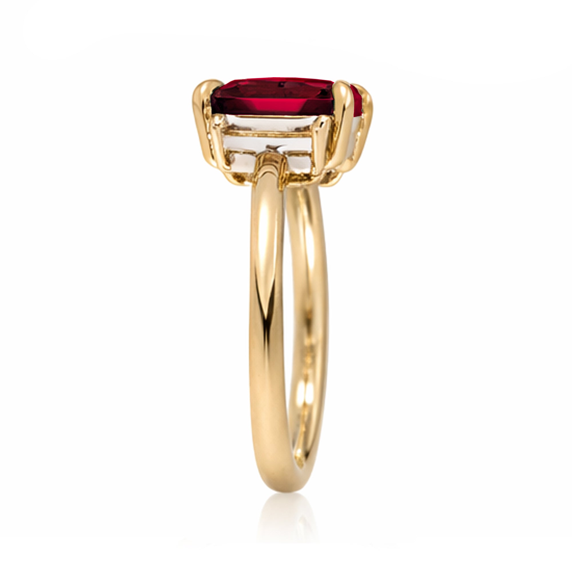 Emerald cut ruby ring with long baguette three stone solid comfort fit rounded band yellow gold