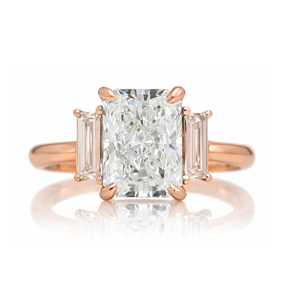 Radiant cut diamond ring with long baguette three stone solid comfort fit rounded band rose gold