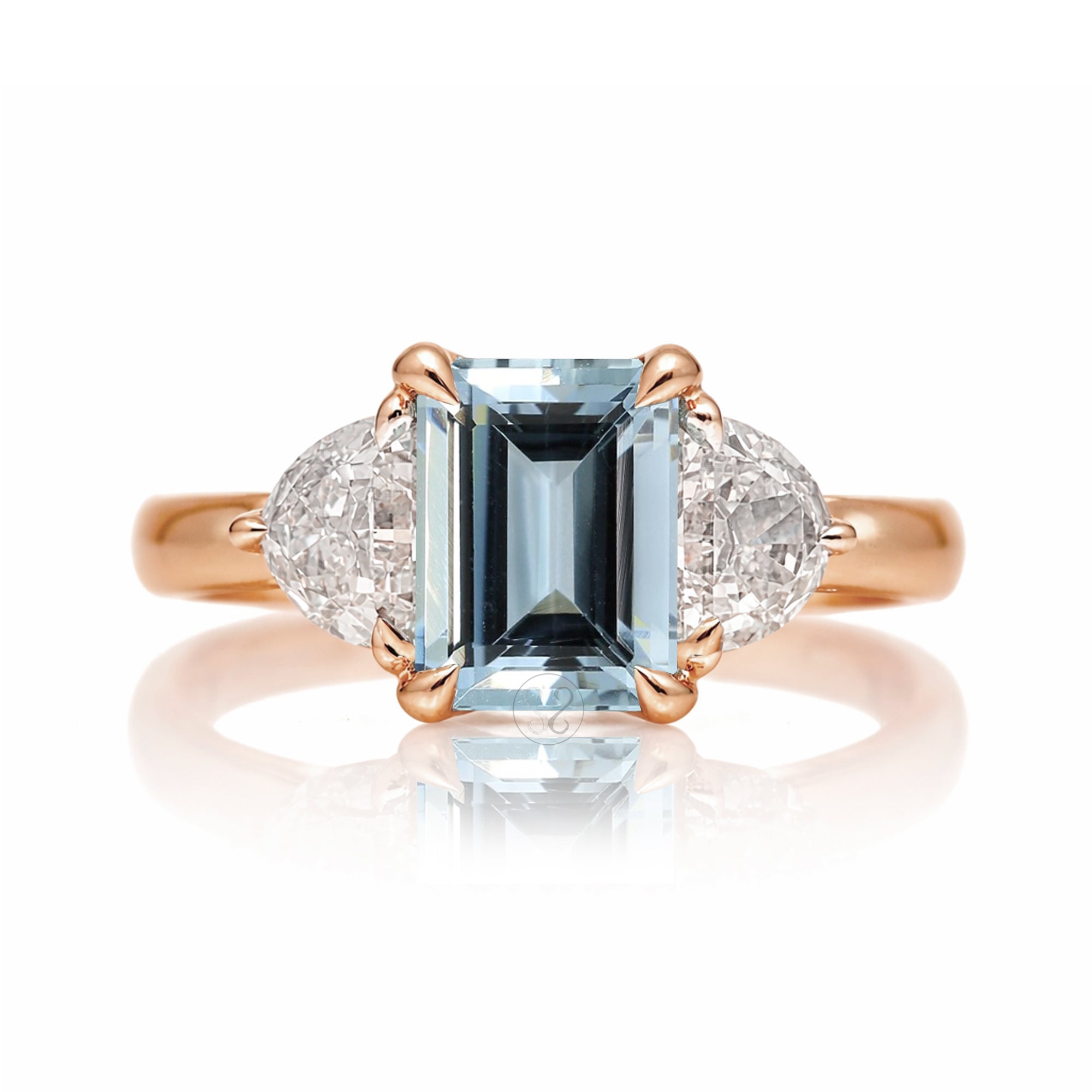 Past present future diamond half moon step cut aquamarine engagement ring rose gold