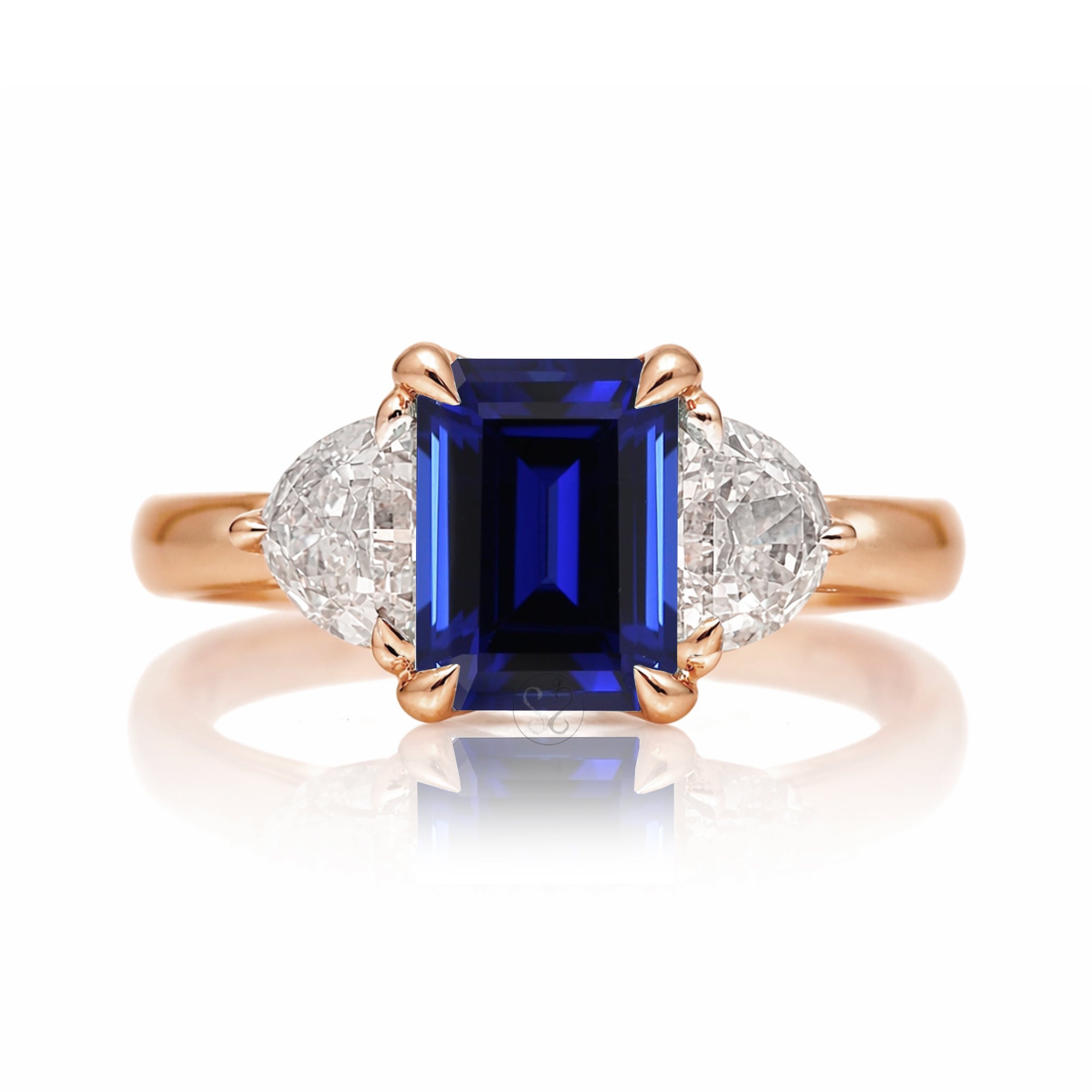 Past present future diamond half moon step cut blue sapphire engagement ring rose gold