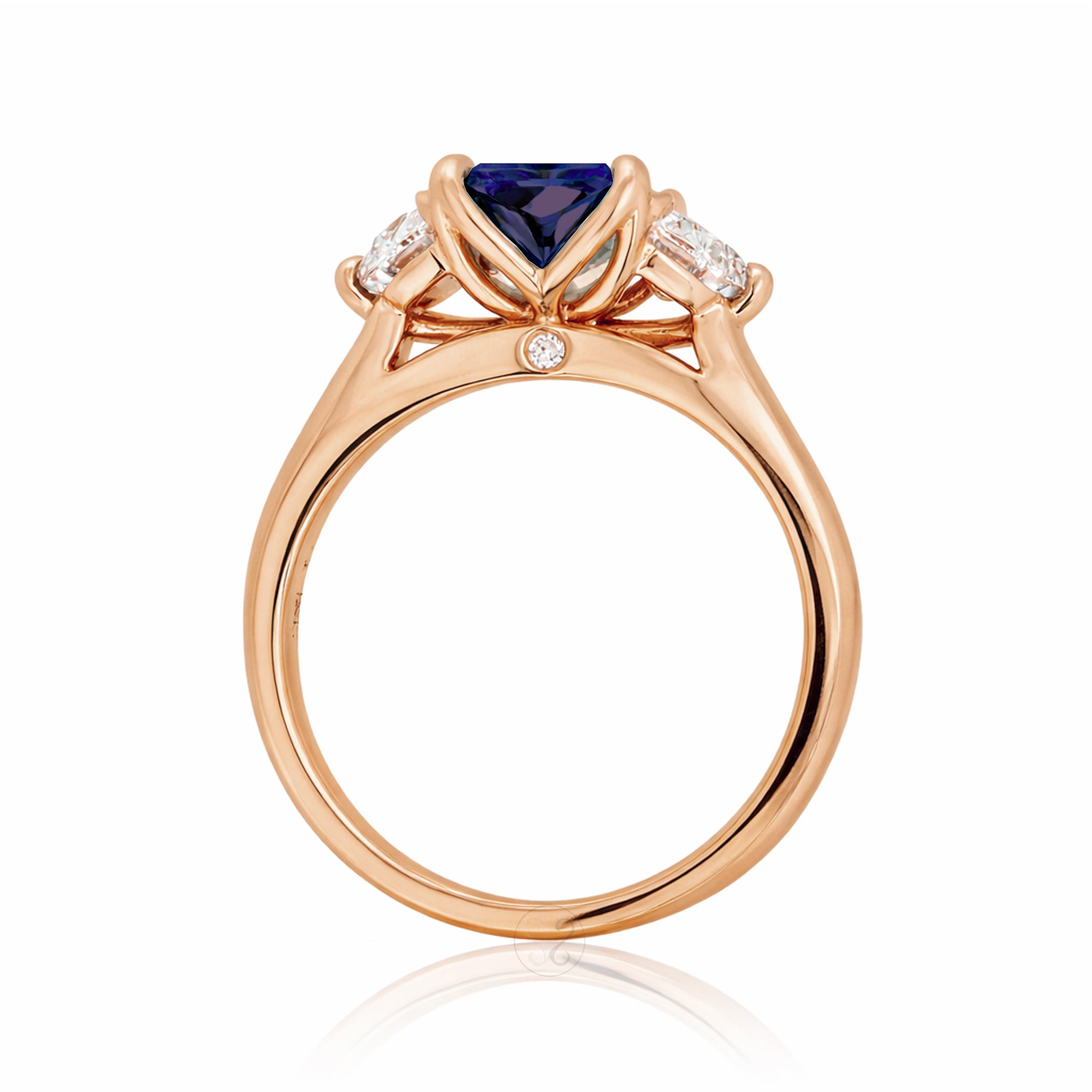 Past present future diamond half moon step cut blue sapphire engagement ring rose gold