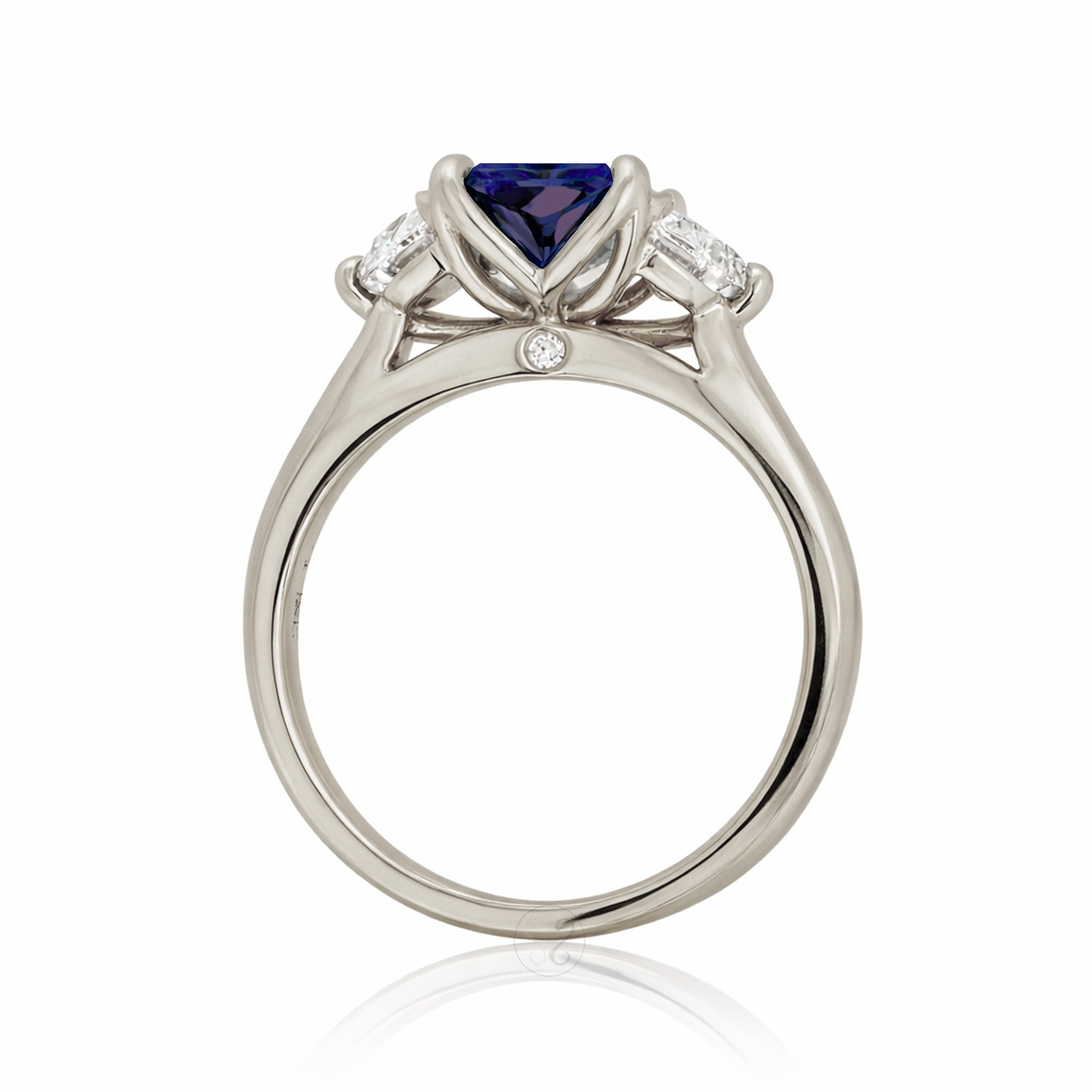 Past present future diamond half moon step cut blue sapphire engagement ring white gold