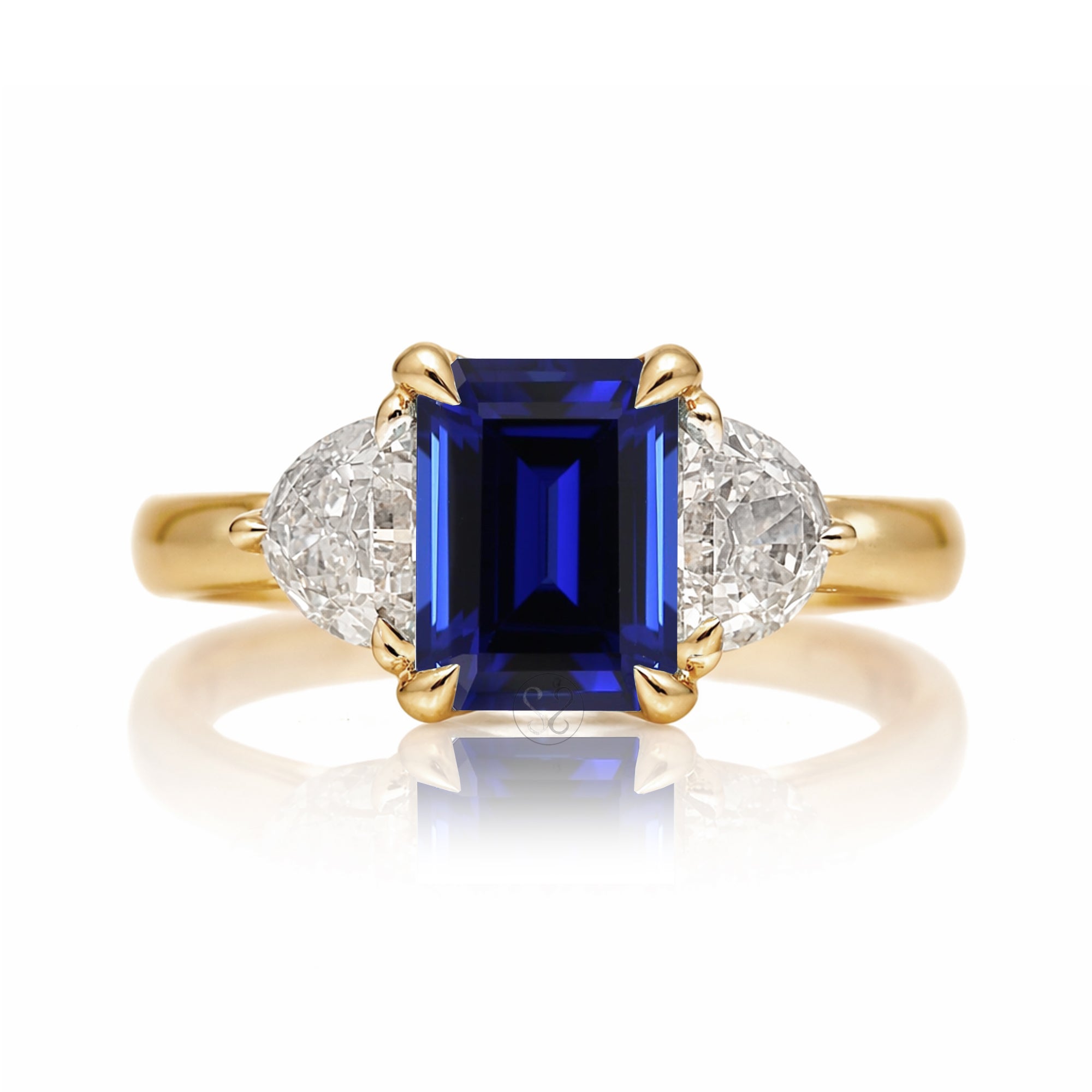 Past present future diamond half moon step cut blue sapphire engagement ring yellow gold