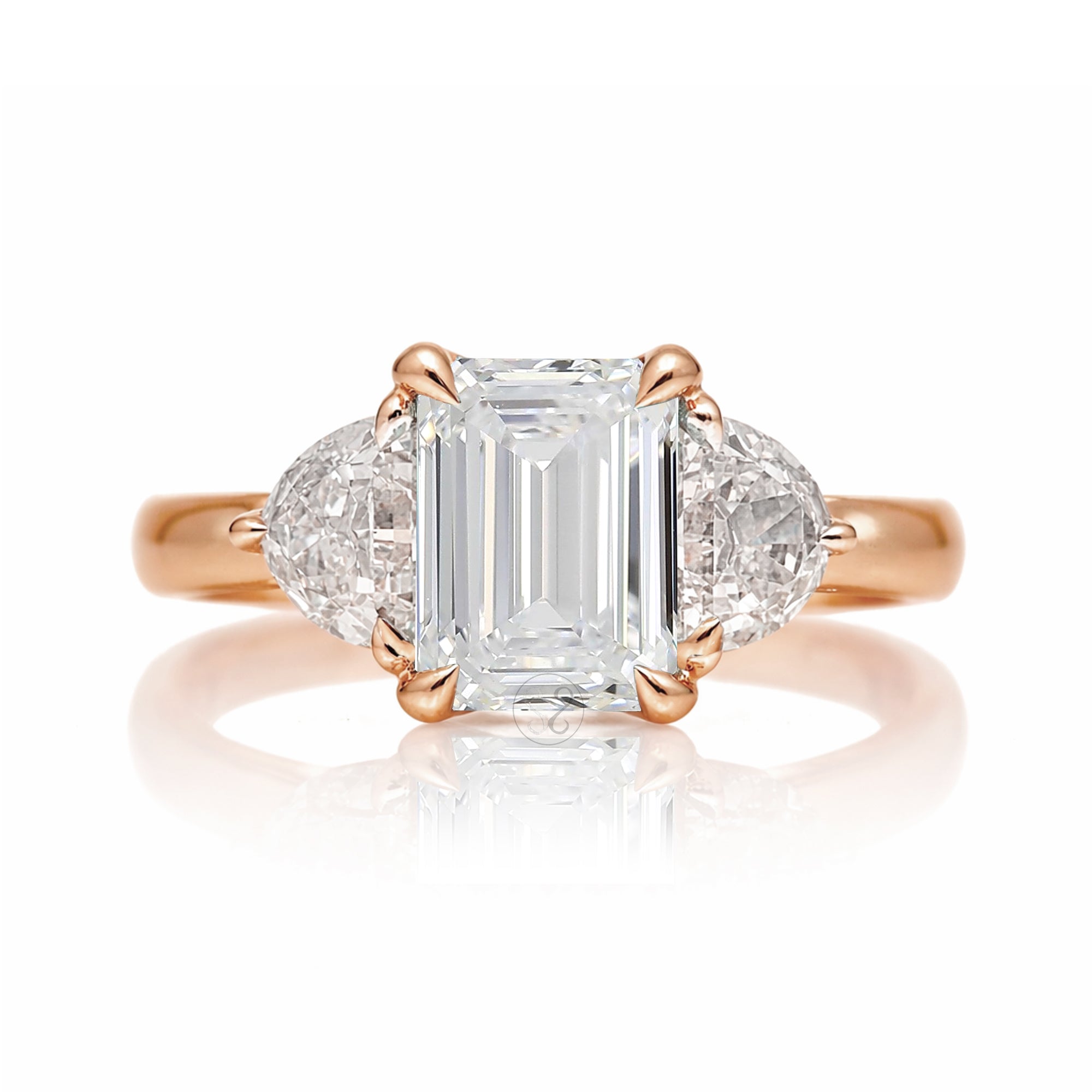 Past present future diamond half moon emerald cut engagement ring rose gold