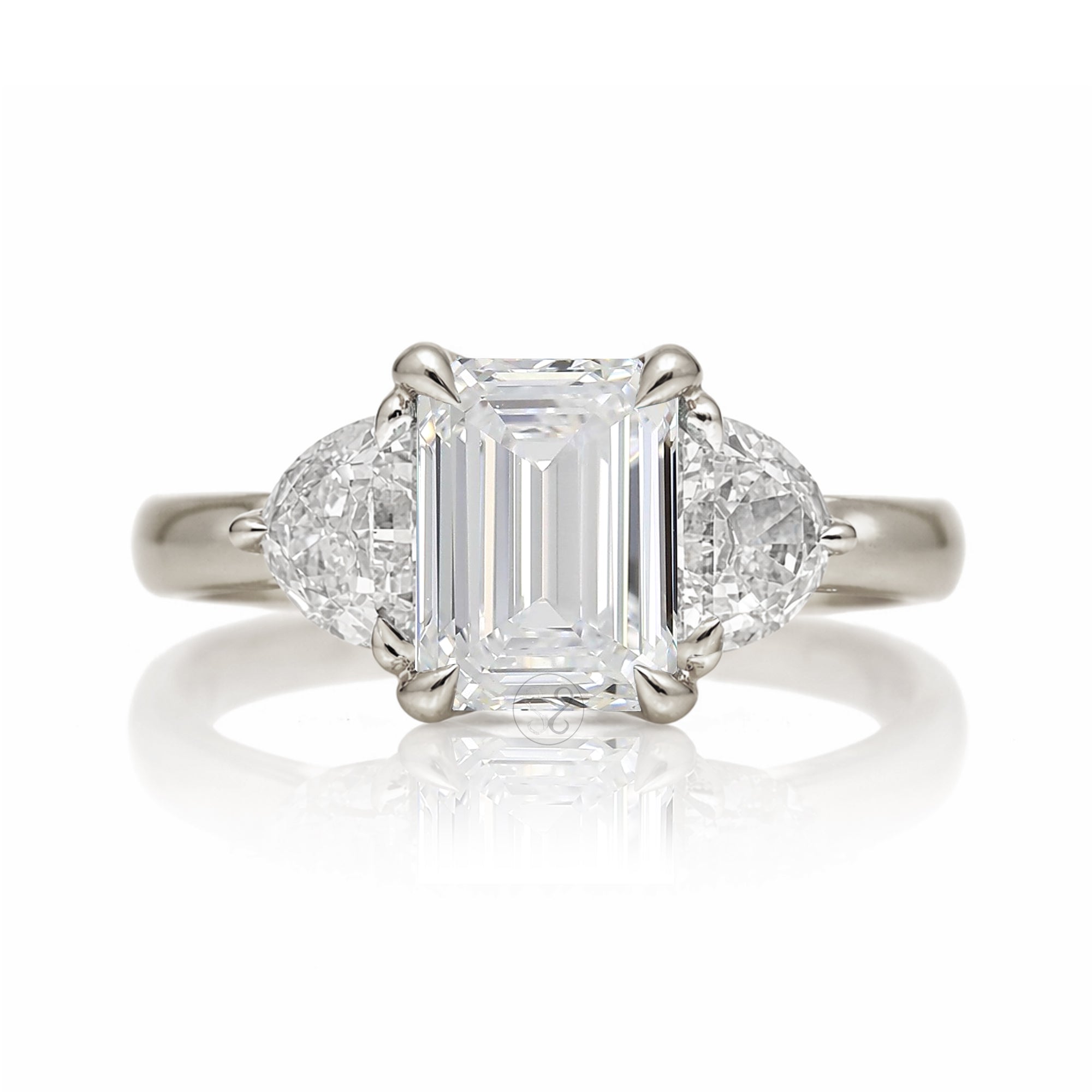 Past present future diamond half moon emerald cut engagement ring white gold