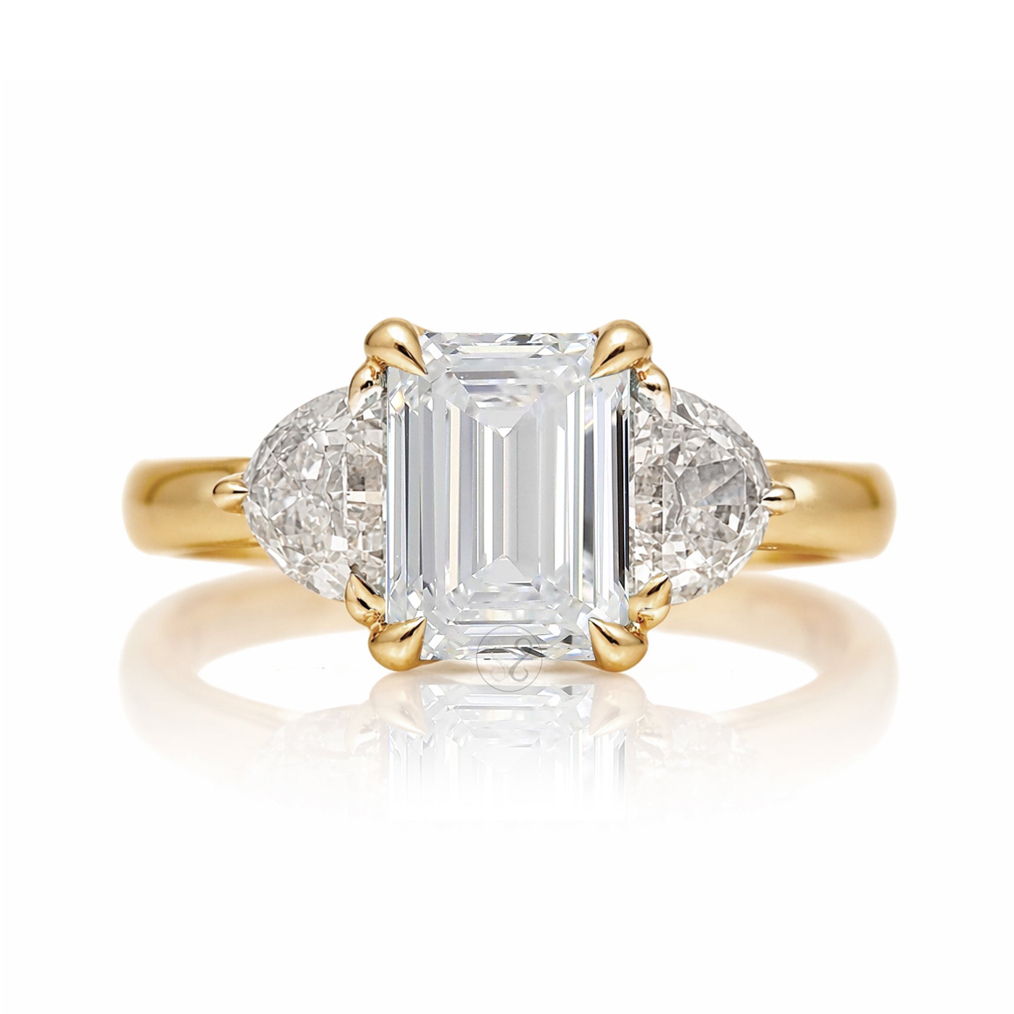 Past present future diamond half moon emerald cut engagement ring yellow gold