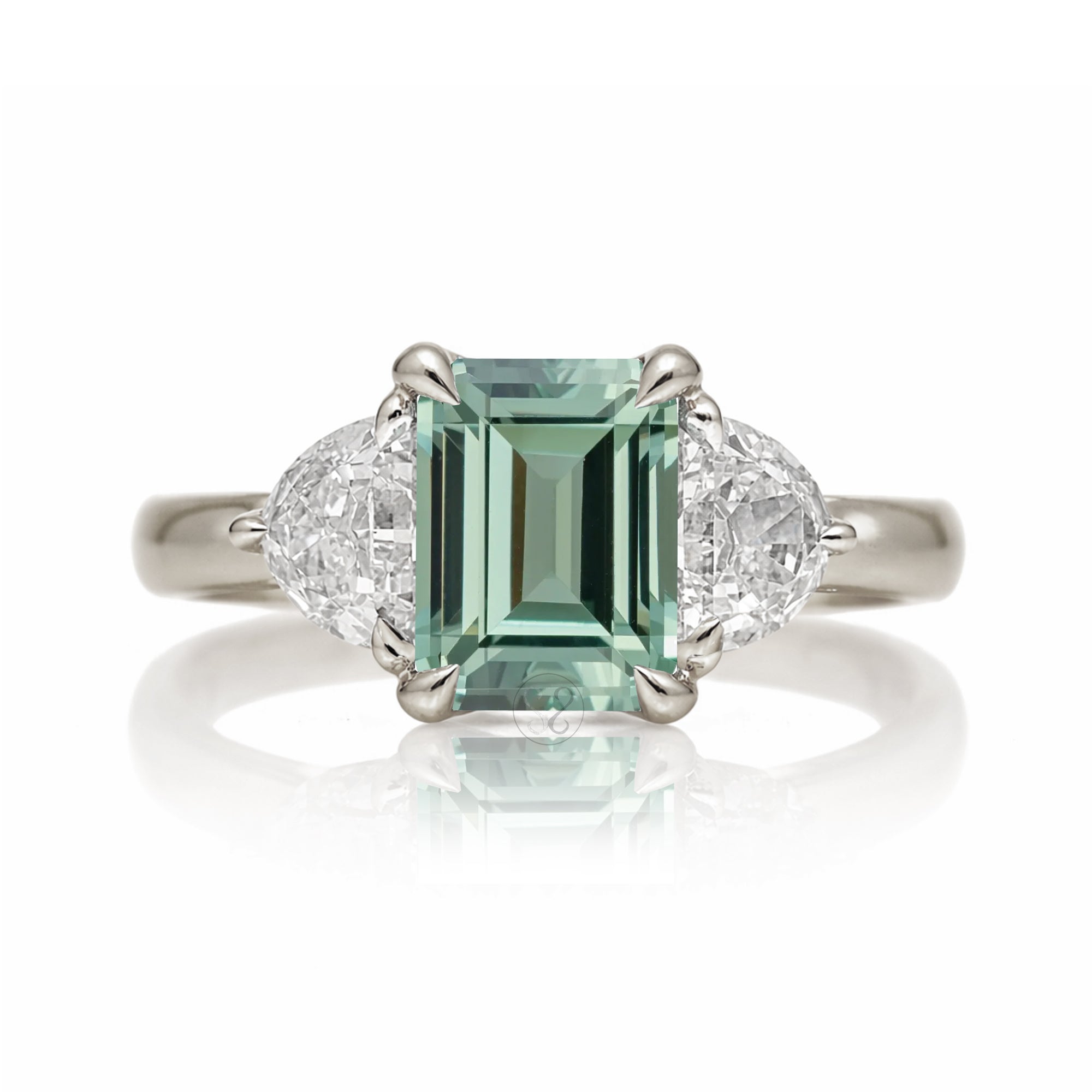 Past present future green sapphire  half moon diamond engagement ring white gold