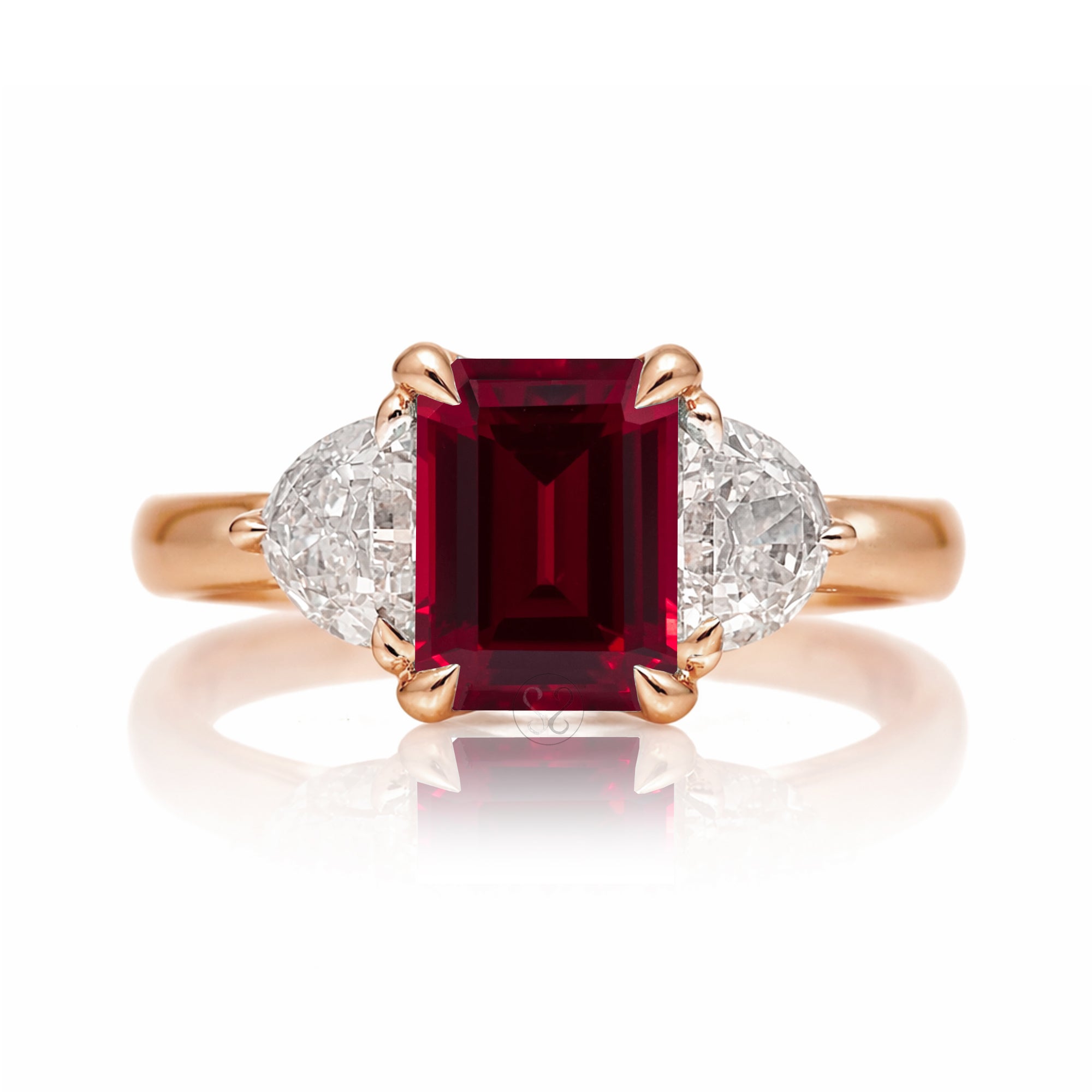 Past present future ruby half moon diamond engagement ring rose gold