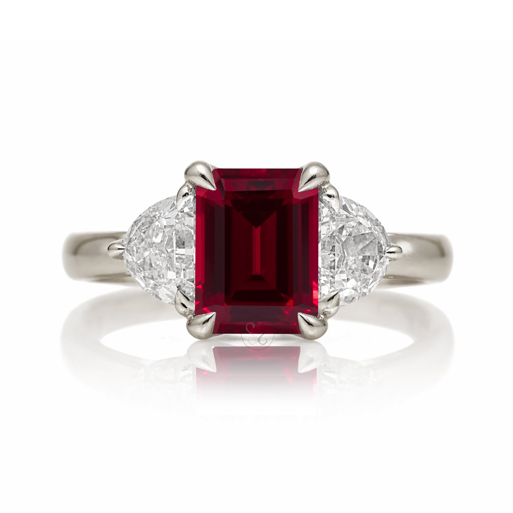 Past present future ruby half moon diamond engagement ring white gold