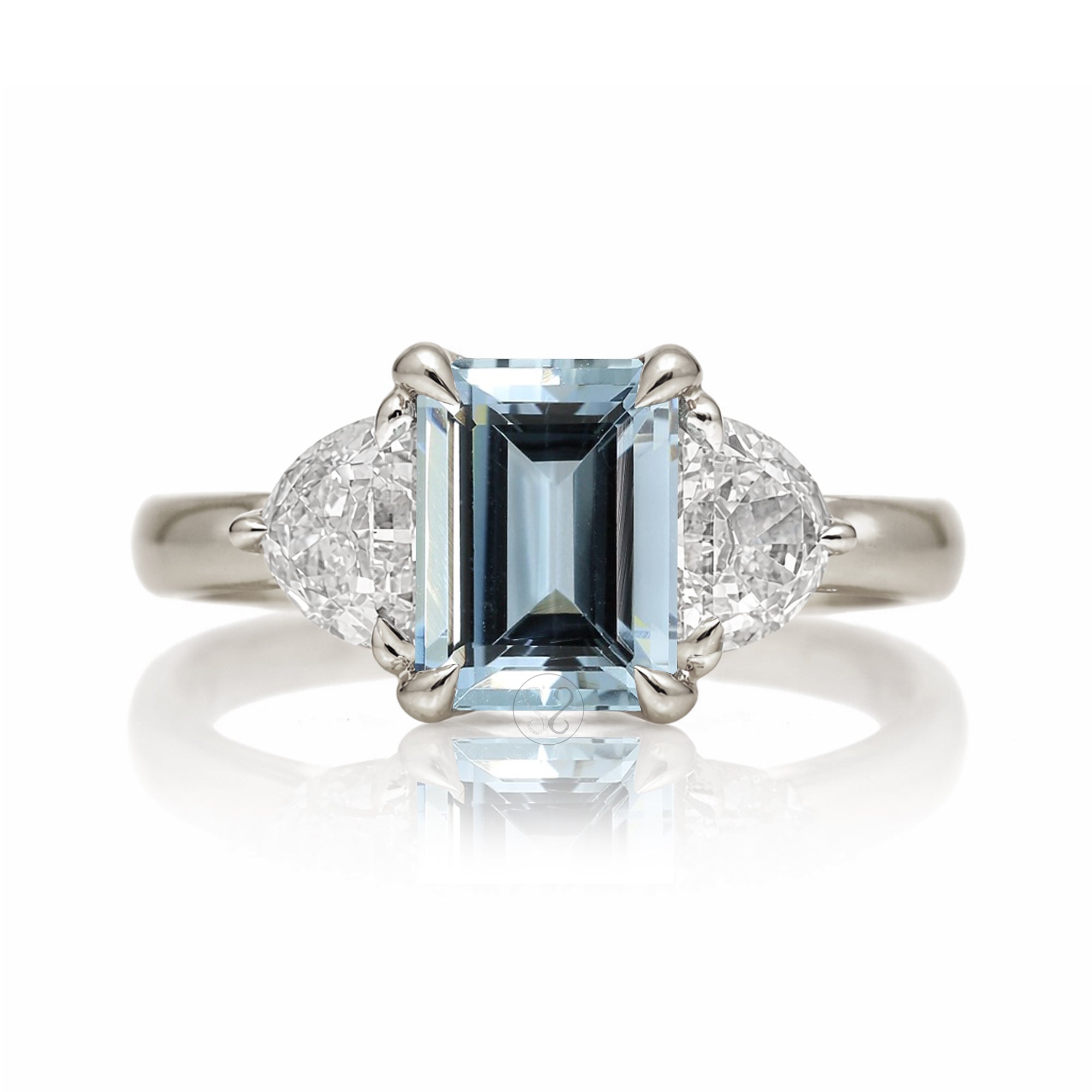 Past present future diamond half moon step cut aquamarine engagement ring white gold