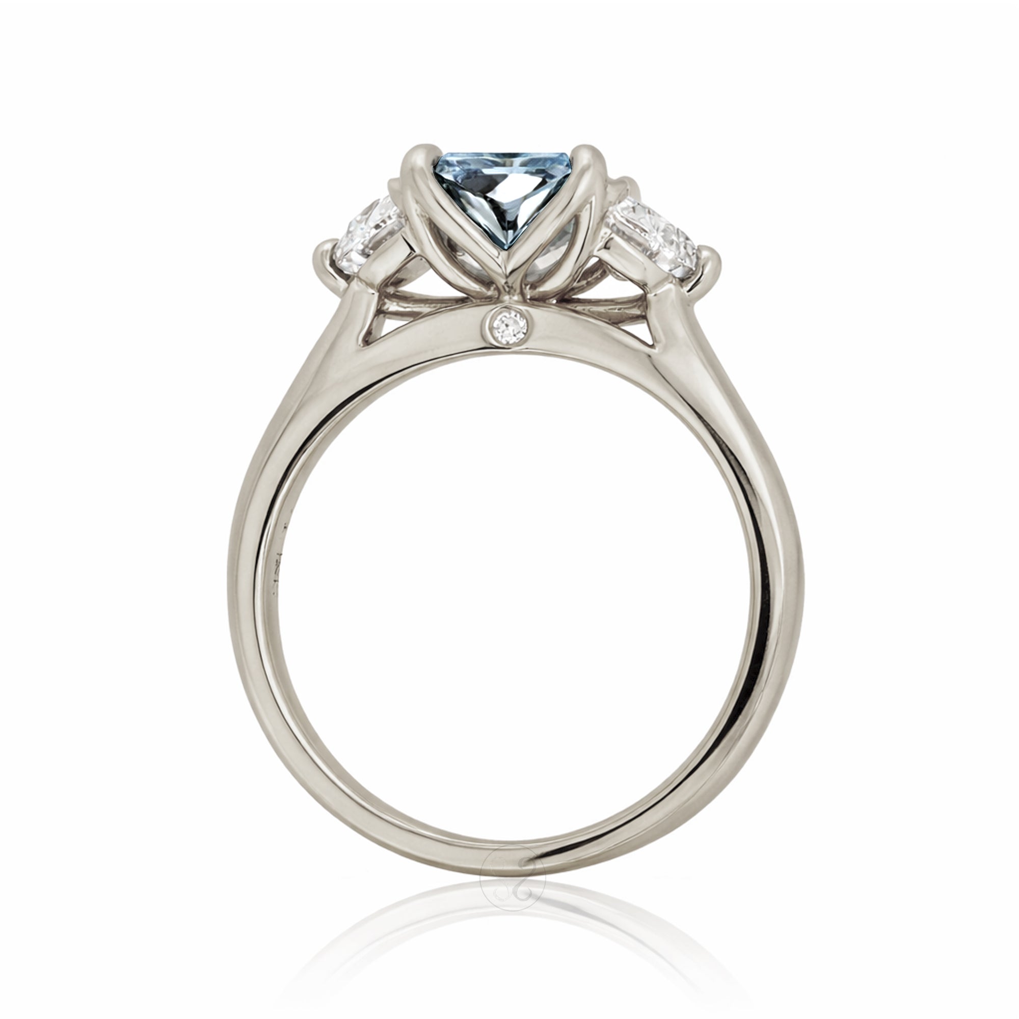 Past present future diamond half moon step cut aquamarine engagement ring white gold