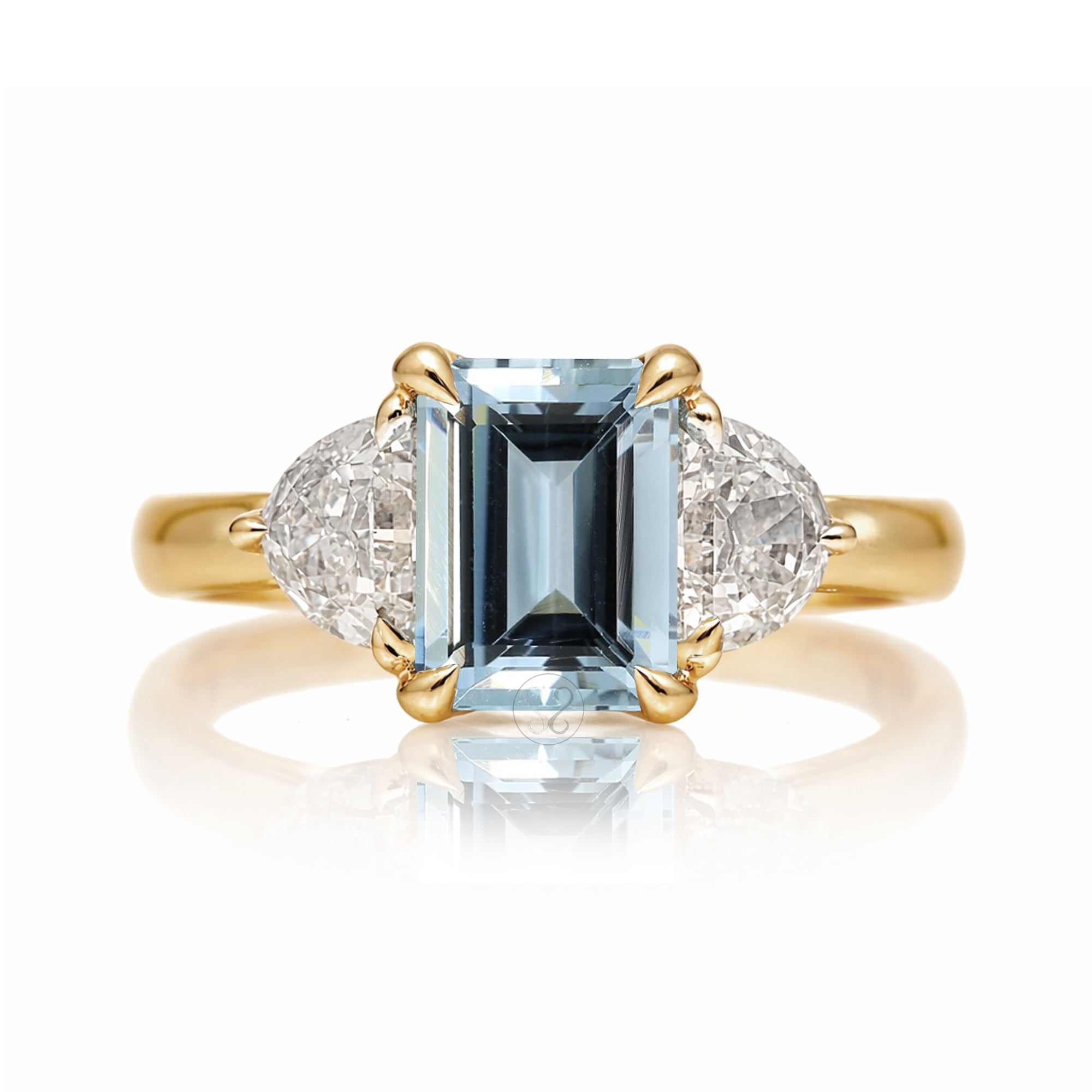 Past present future diamond half moon step cut aquamarine engagement ring yellow gold