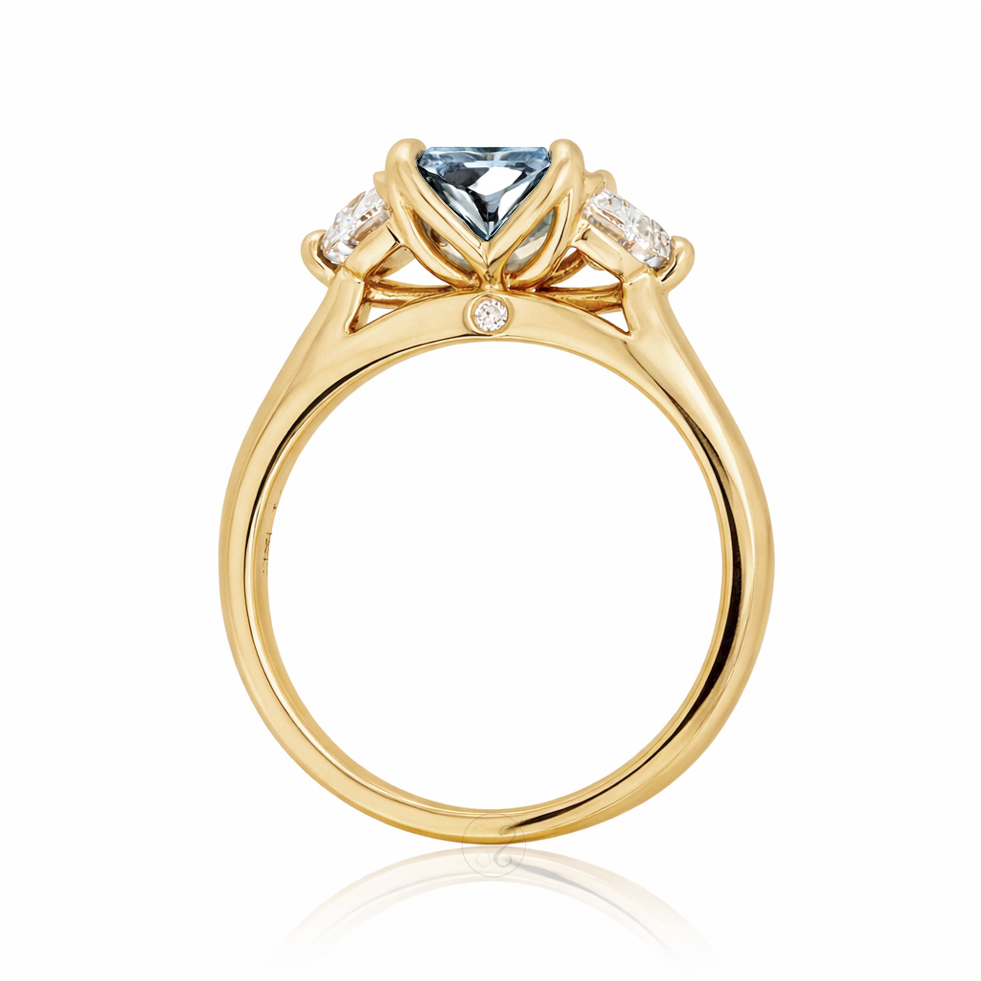 Past present future diamond half moon step cut aquamarine engagement ring yellow gold