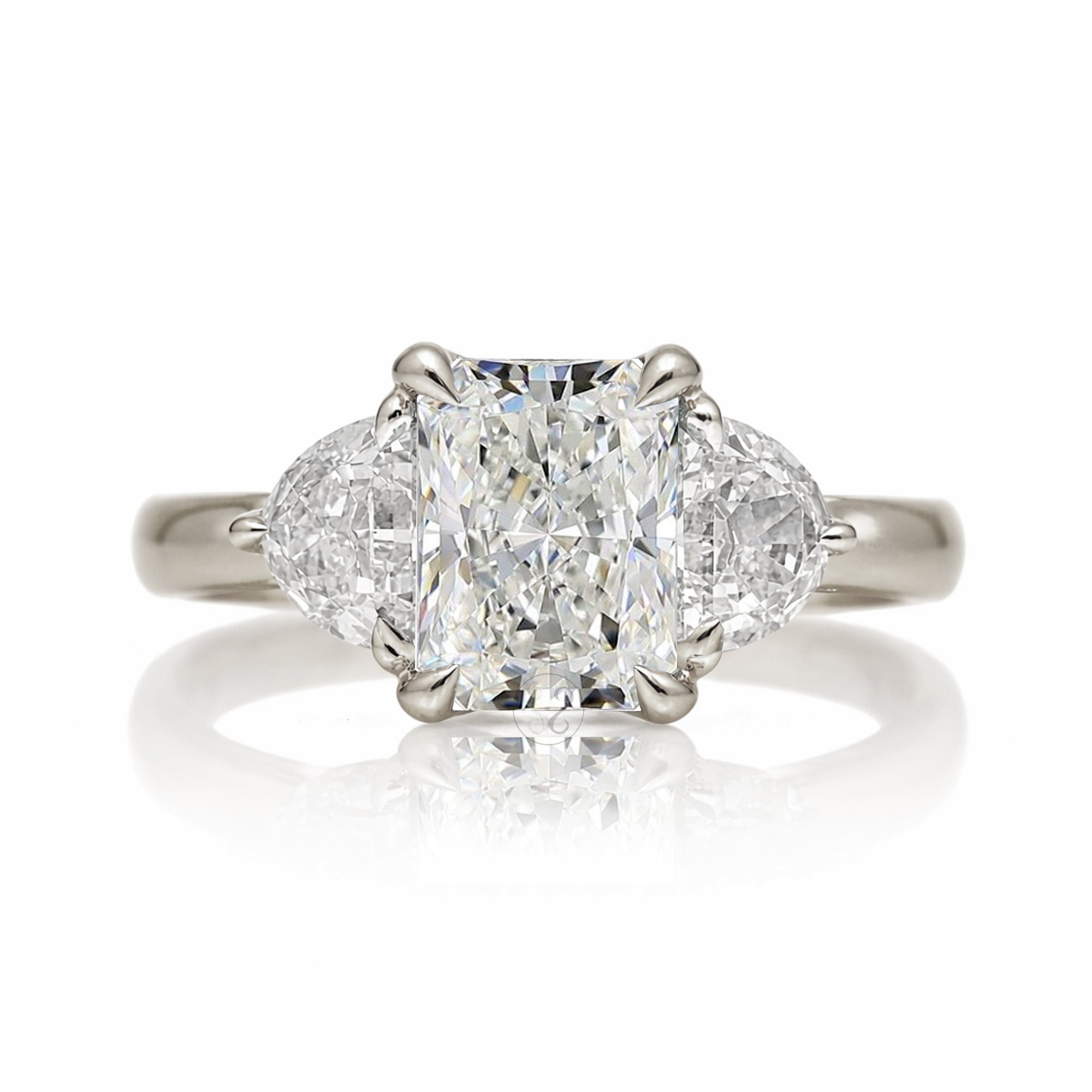 Past present future diamond half moon radiant cut engagement ring white gold