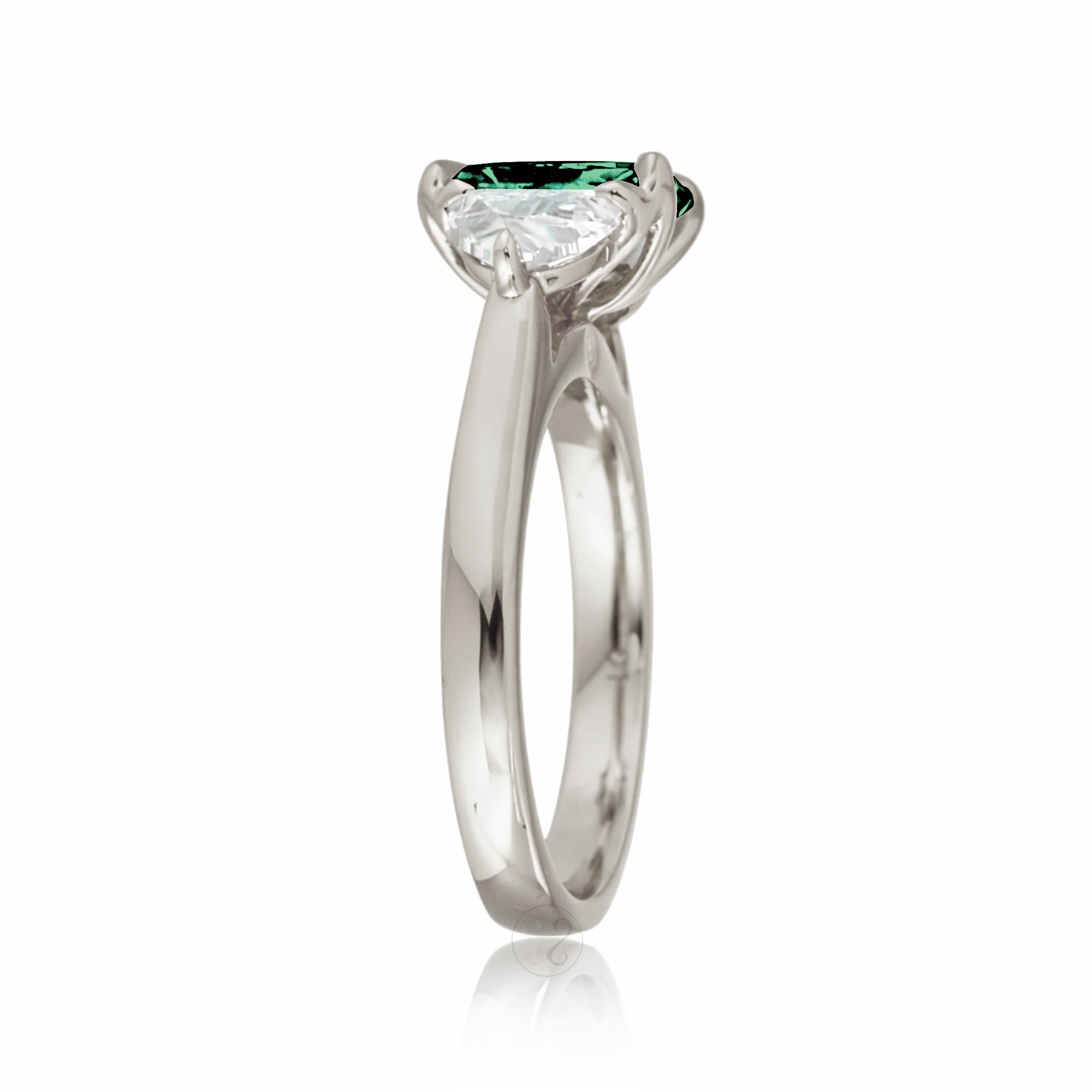 Past present future diamond half moon step cut green emerald engagement ring white gold