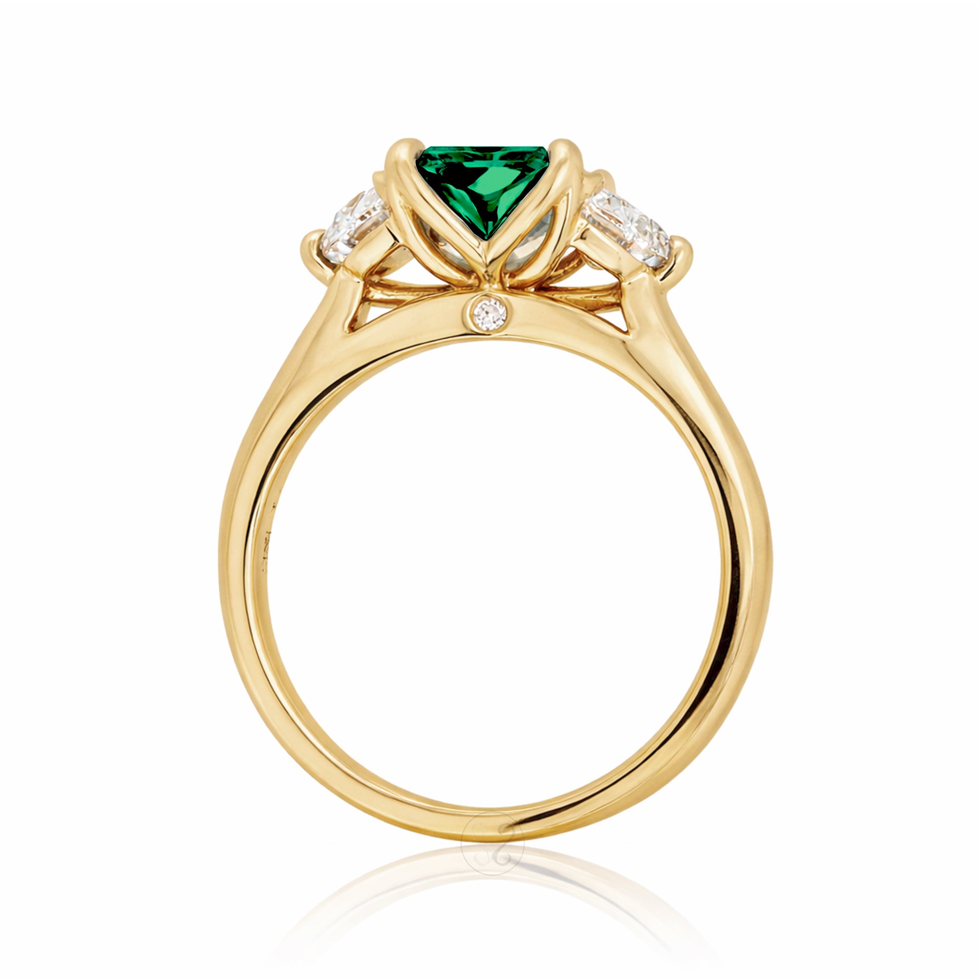 Past present future diamond half moon step cut green emerald engagement ring yellow gold