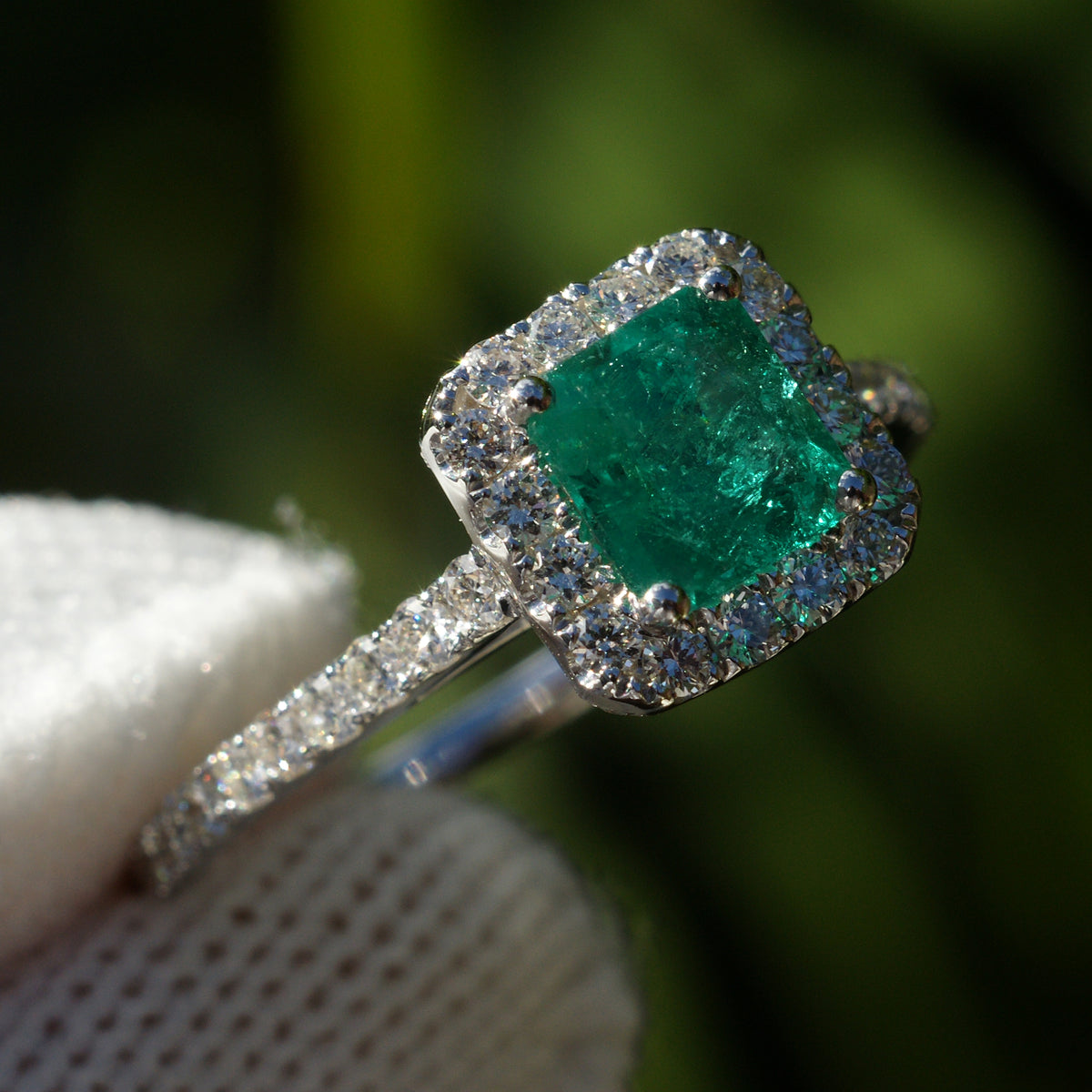 The Gwen Emerald diamond engagement ring in white gold