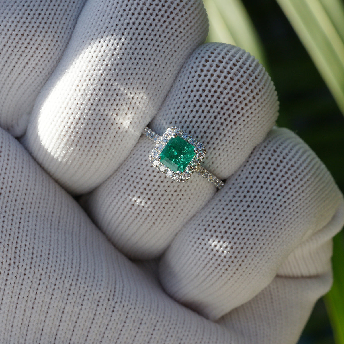 The Gwen Emerald diamond engagement ring in white gold