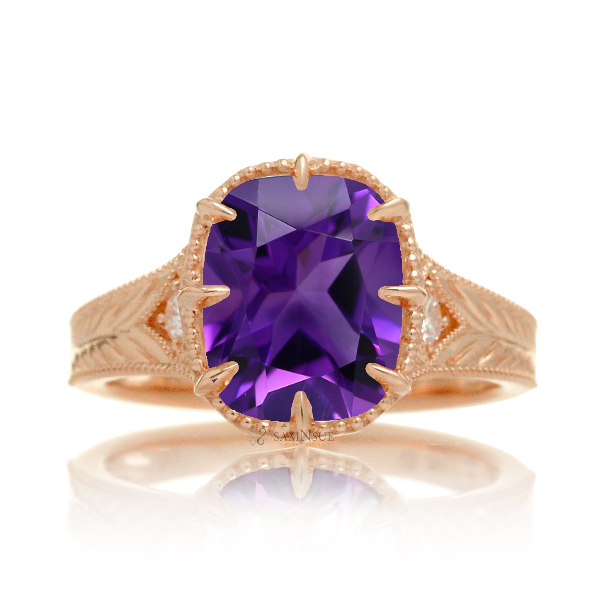 Cushion amethyst set in a vintage Taylor Swift inspired rose gold ring