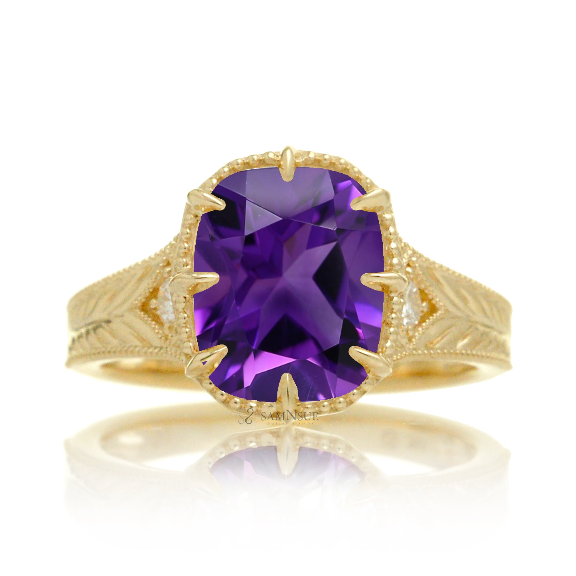 Cushion amethyst set in a vintage Taylor Swift inspired yellow gold ring