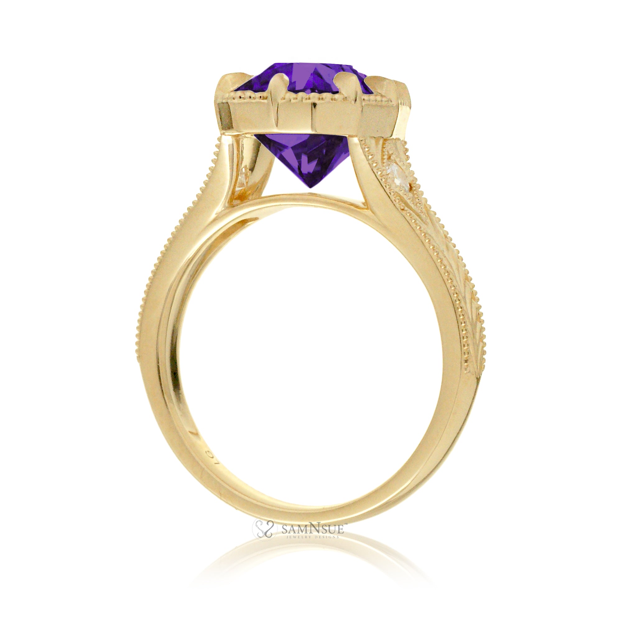 Cushion amethyst set in a vintage Taylor Swift inspired yellow gold ring