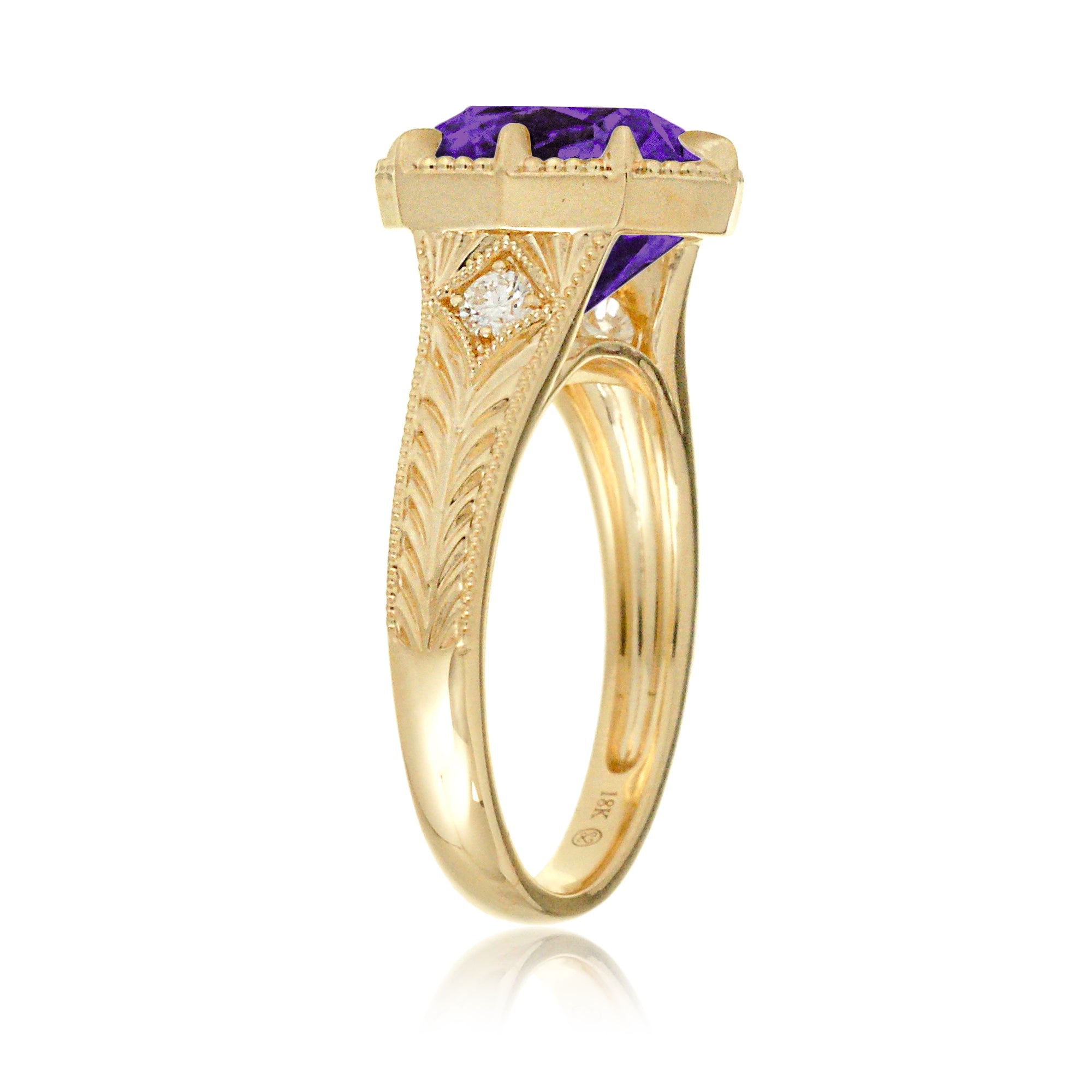Cushion amethyst set in a vintage Taylor Swift inspired yellow gold ring