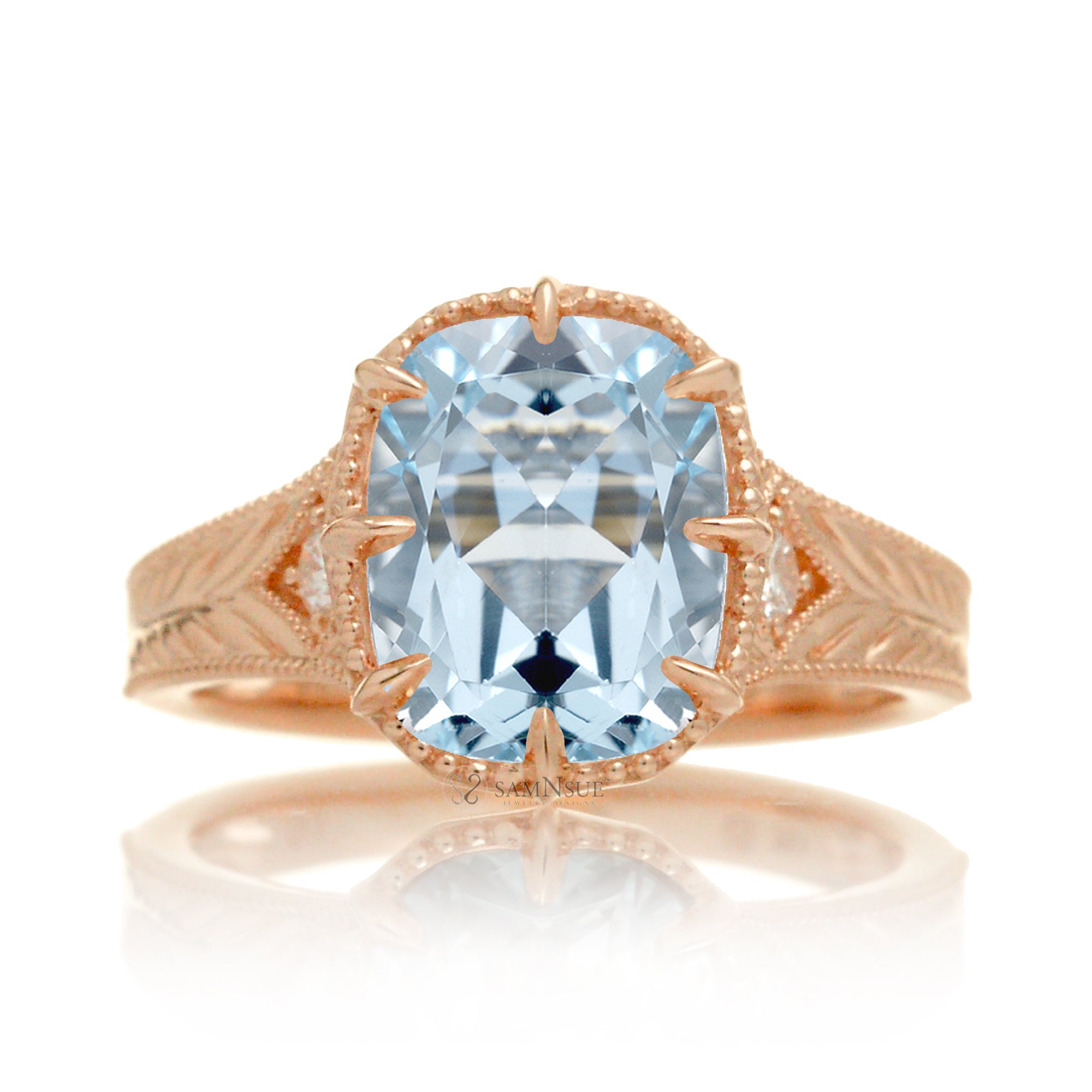 Cushion aquamarine beaded vintage style band carved ring rose gold