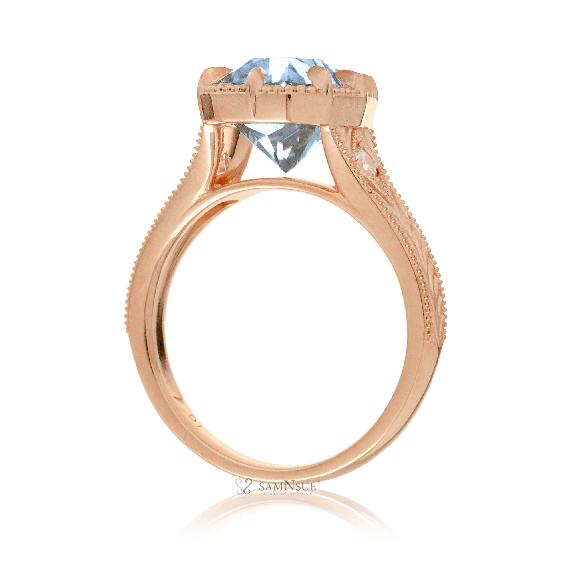Cushion aquamarine beaded vintage style band carved ring rose gold