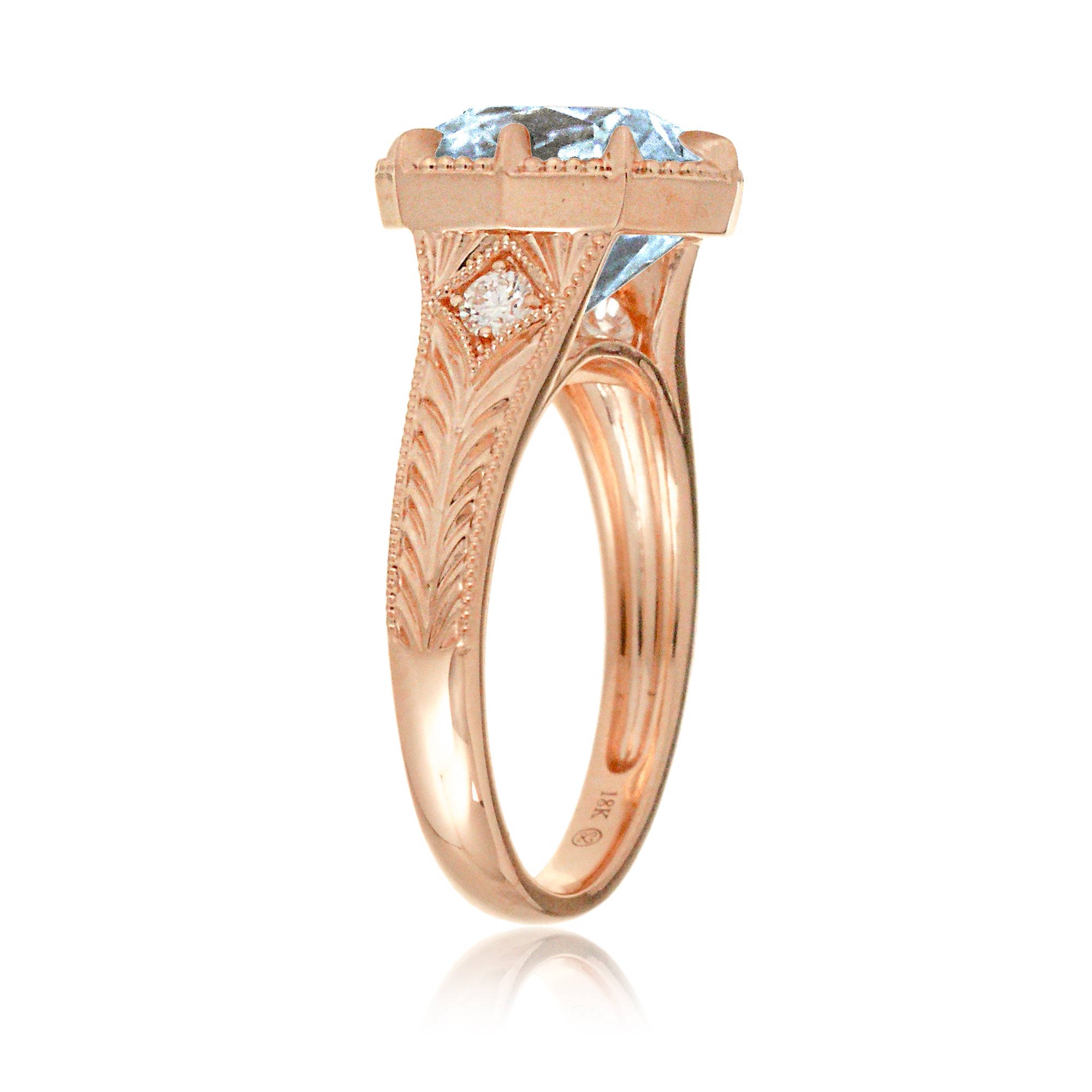 Cushion aquamarine beaded vintage style band carved ring rose gold