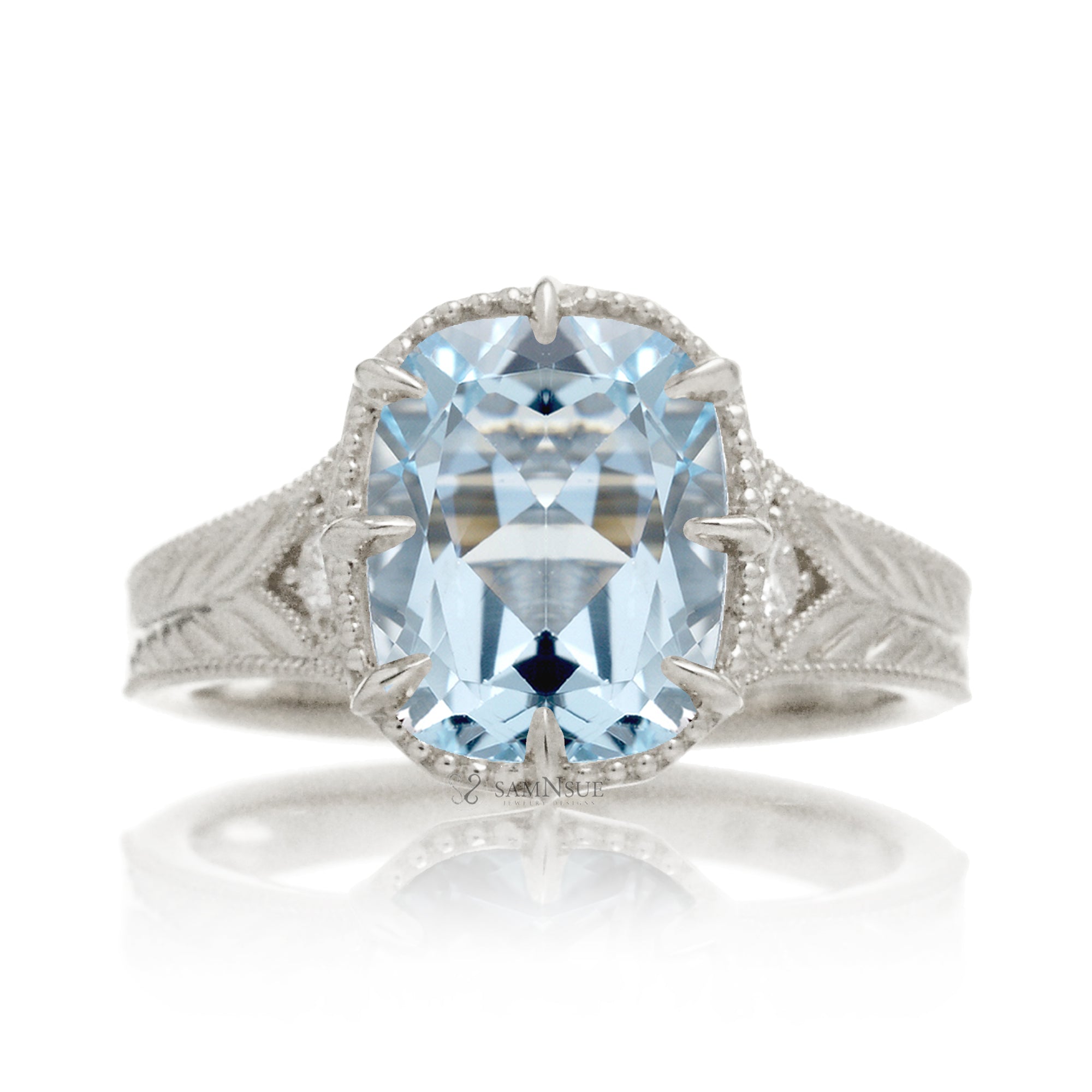 Cushion aquamarine beaded vintage style band carved ring white gold