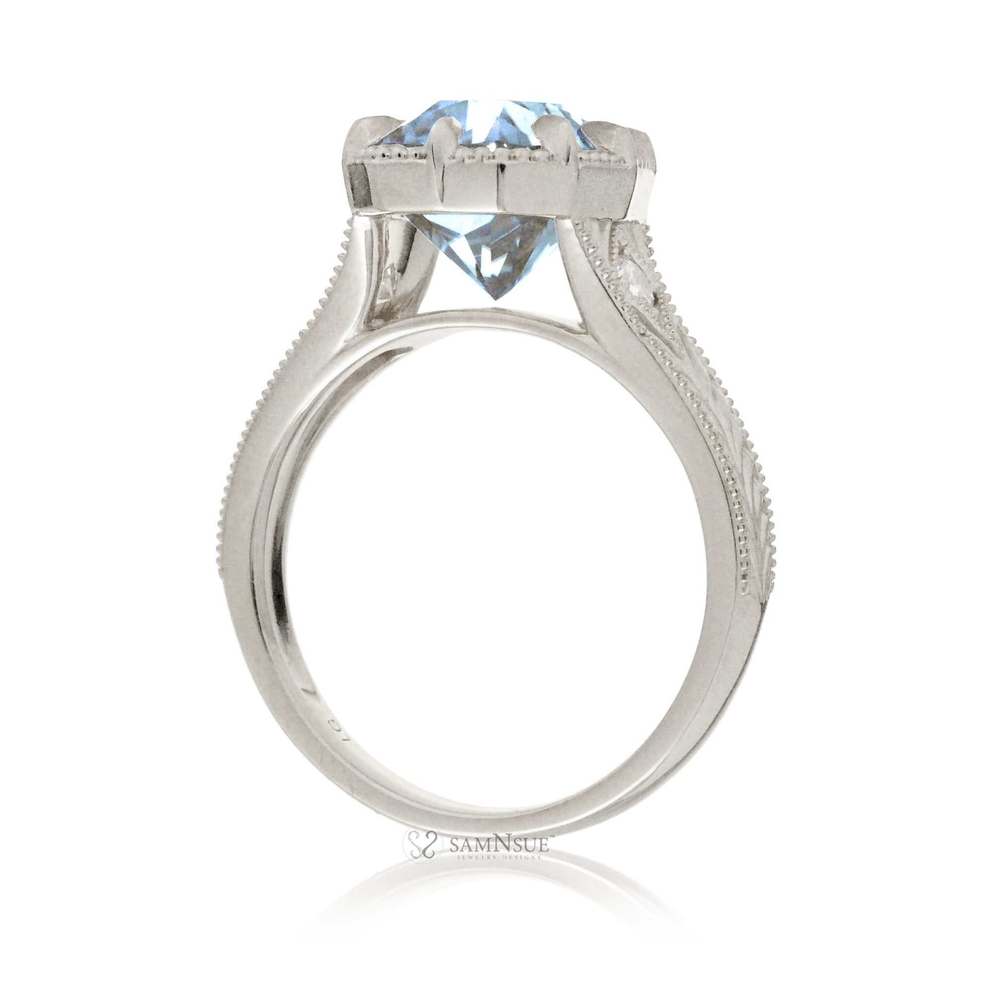 Cushion aquamarine beaded vintage style band carved ring white gold
