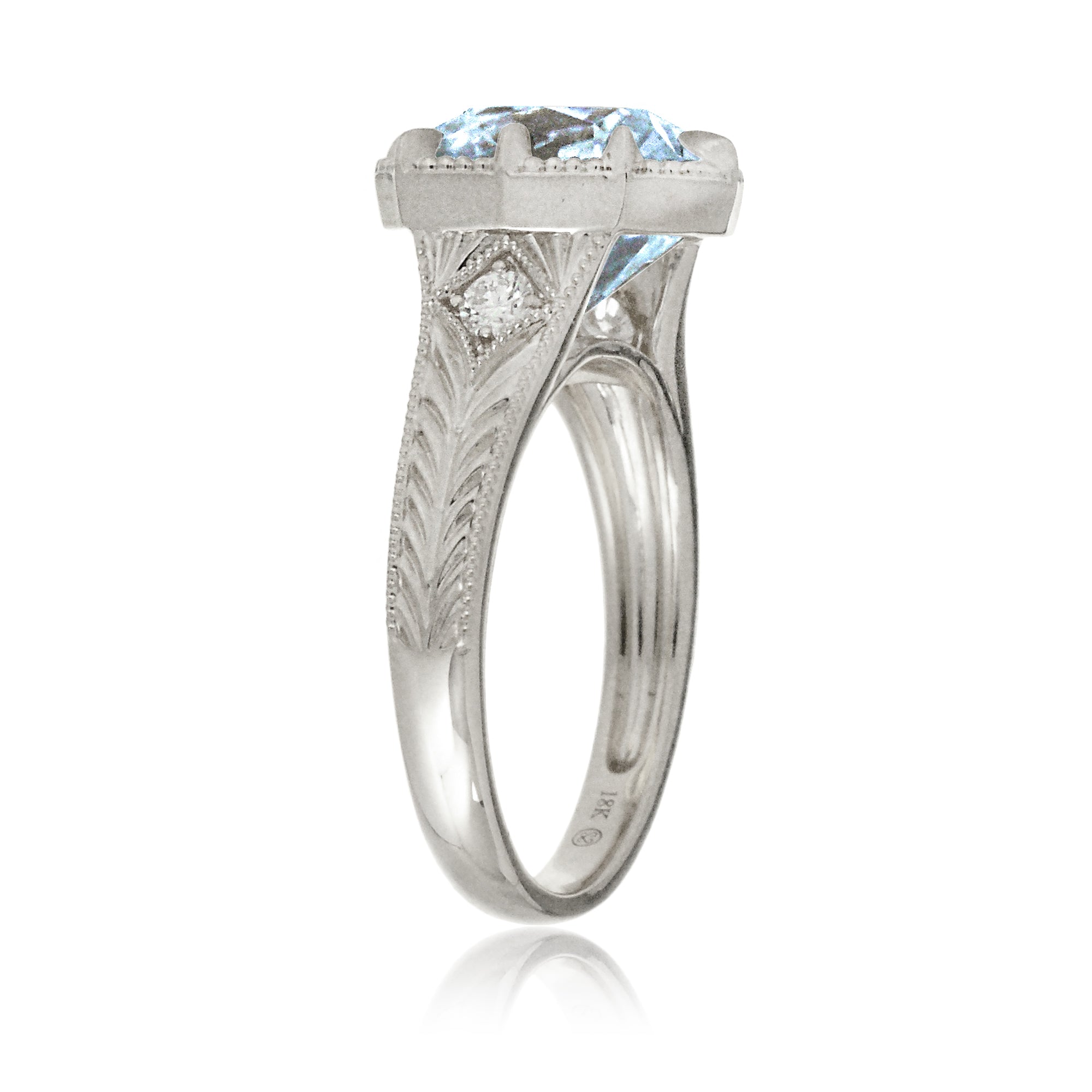 Cushion aquamarine beaded vintage style band carved ring white gold