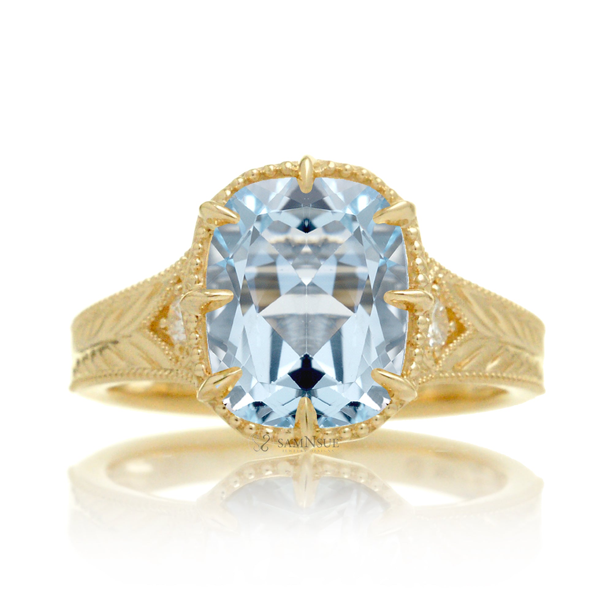 Cushion aquamarine beaded vintage style band carved ring yellow gold